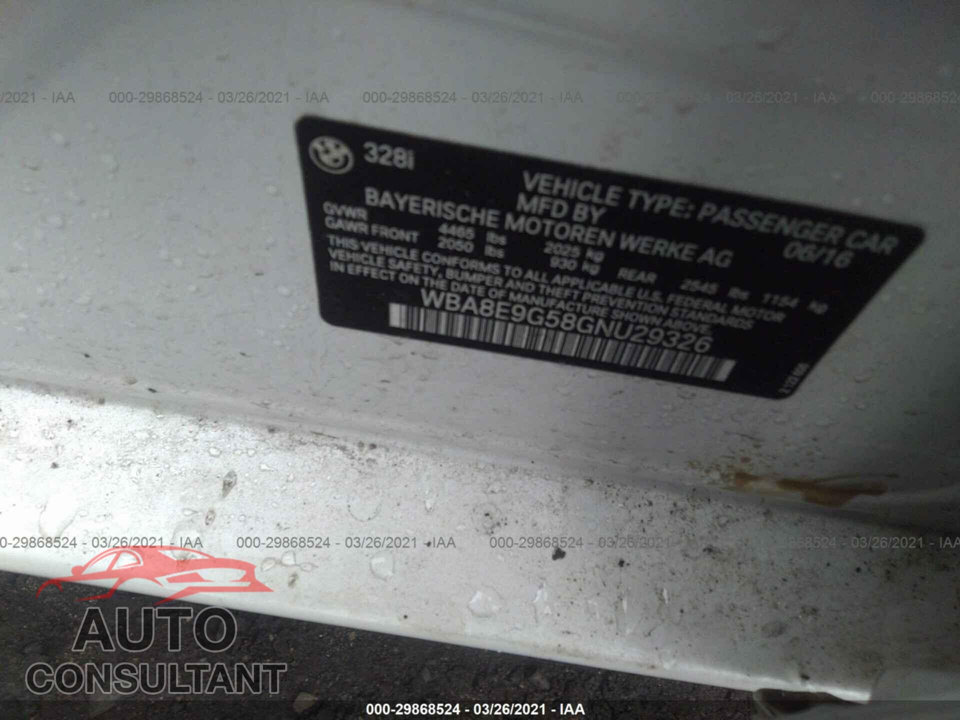 BMW 3 SERIES 2016 - WBA8E9G58GNU29326
