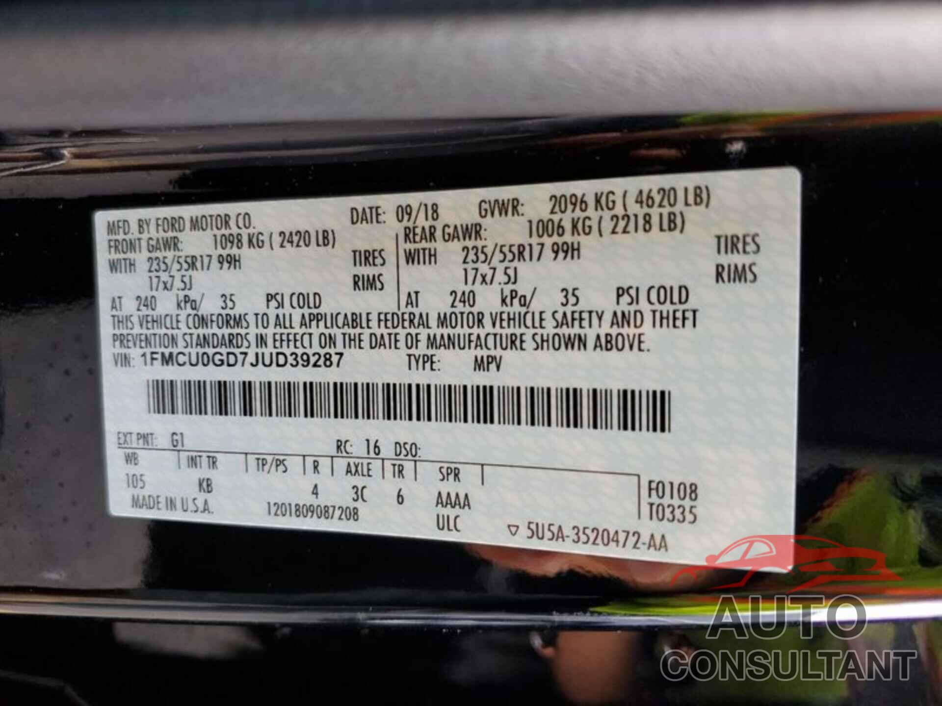 FORD ESCAPE 2018 - 1FMCU0GD7JUD39287