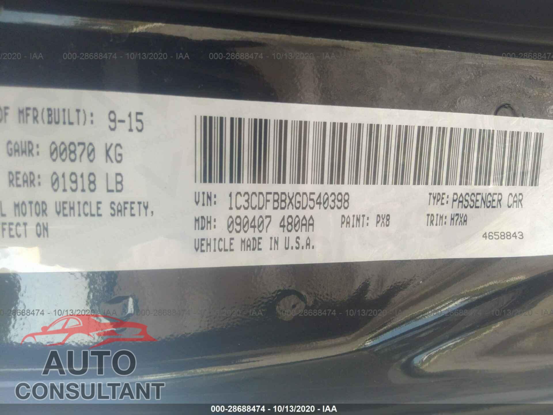 DODGE DART 2016 - 1C3CDFBBXGD540398