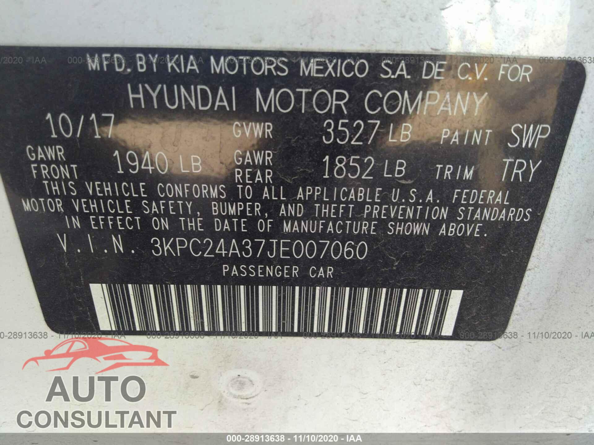 HYUNDAI ACCENT 2018 - 3KPC24A37JE007060