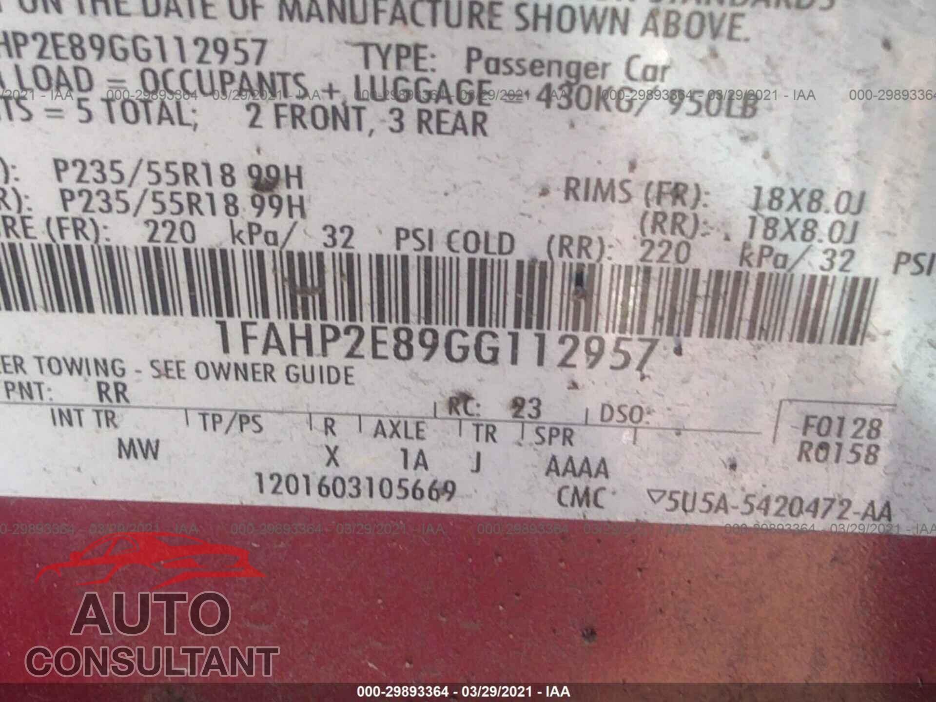 FORD TAURUS 2016 - 1FAHP2E89GG112957