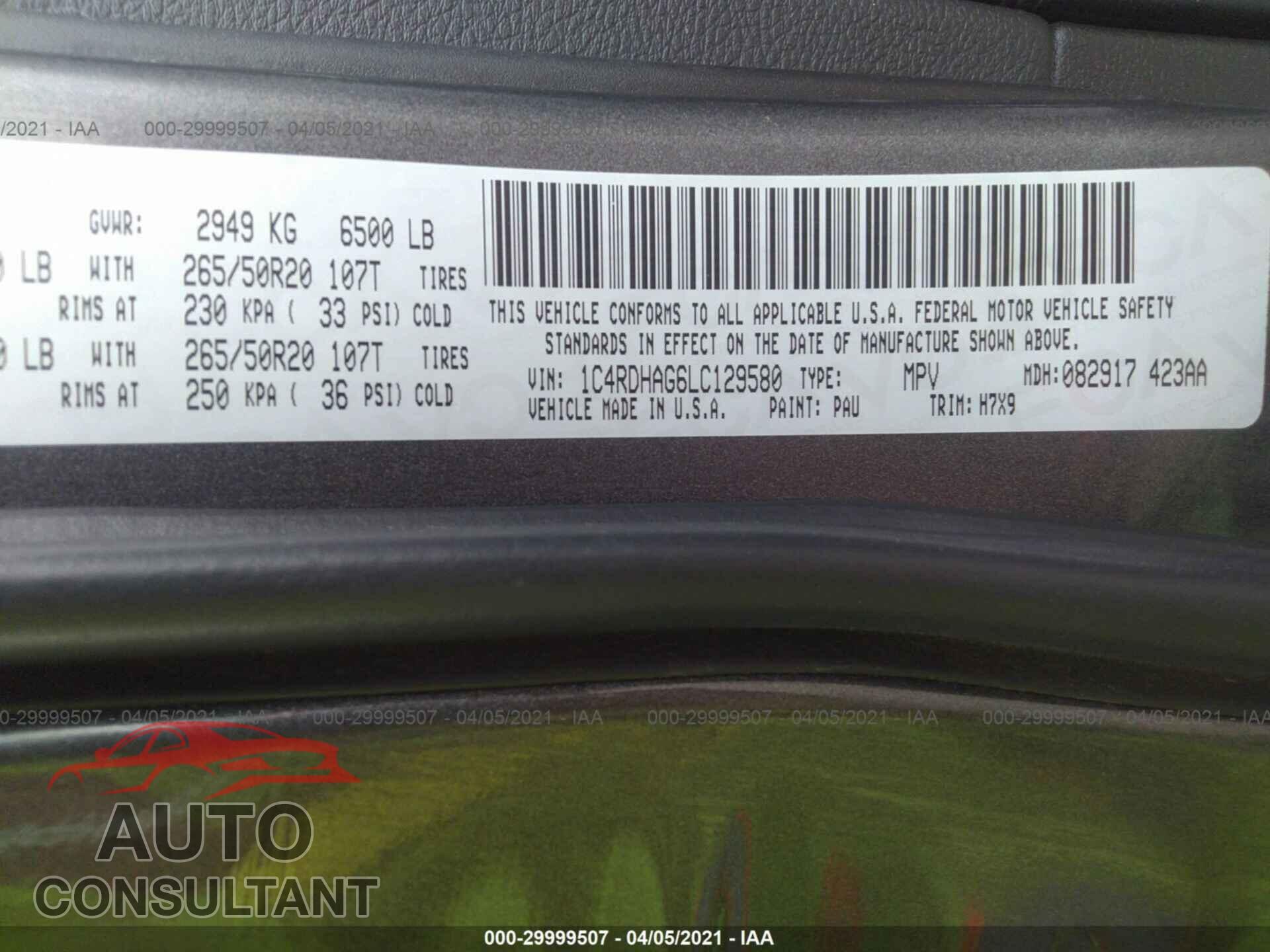 DODGE DURANGO 2020 - 1C4RDHAG6LC129580