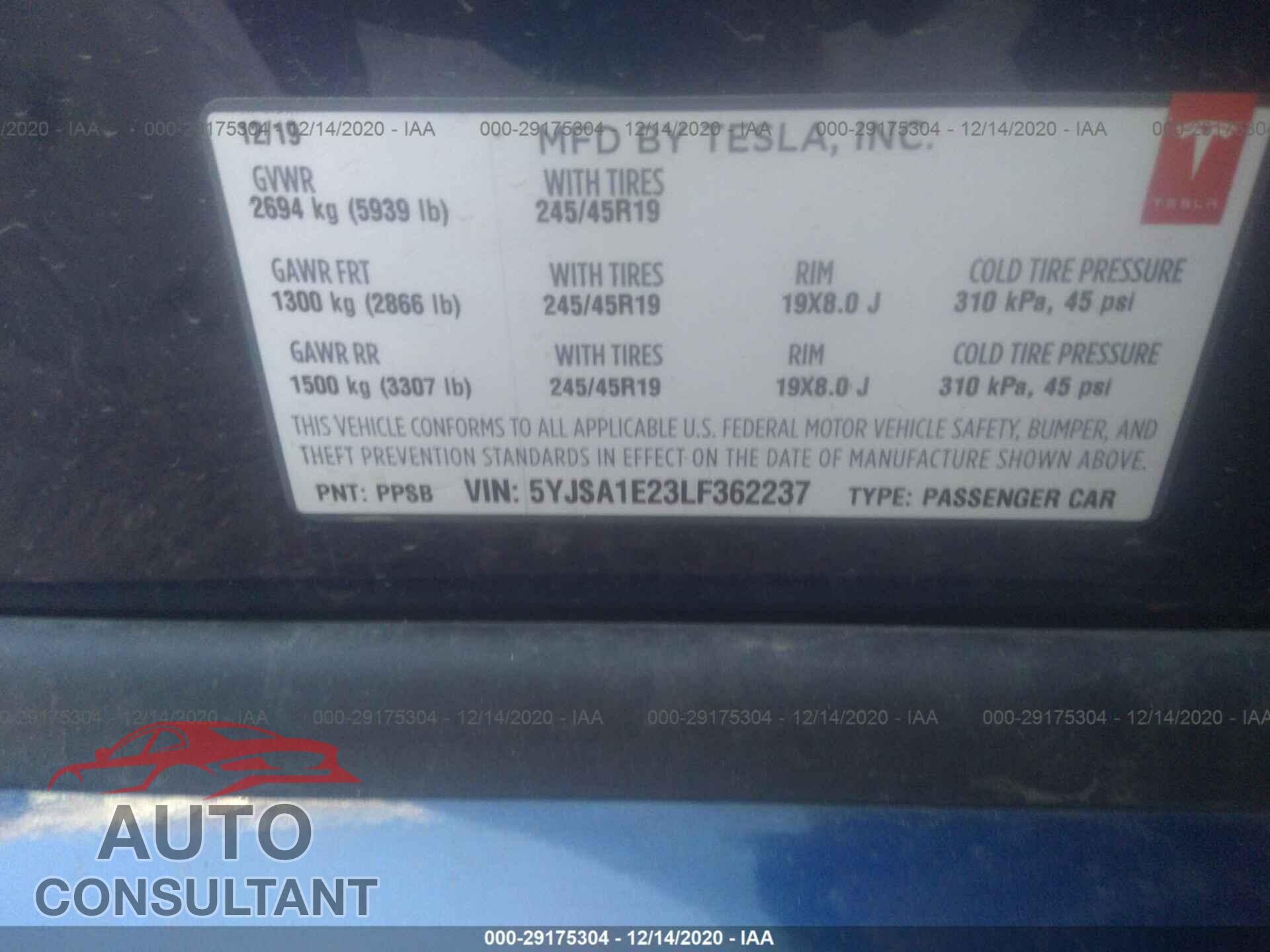 TESLA MODEL S 2020 - 5YJSA1E23LF362237