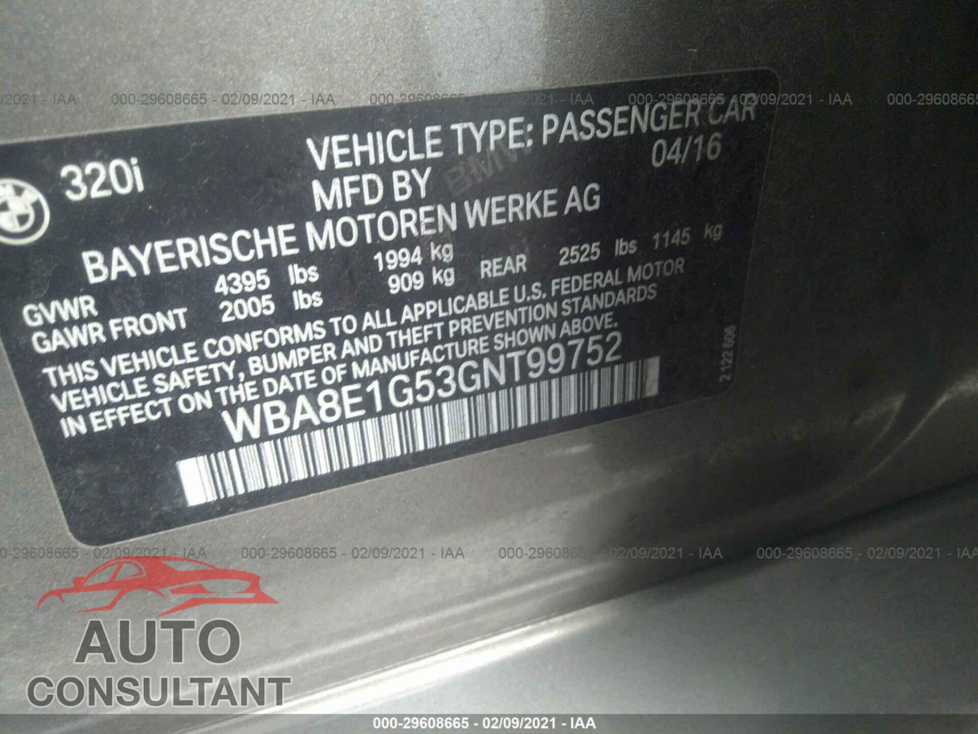 BMW 3 SERIES 2016 - WBA8E1G53GNT99752