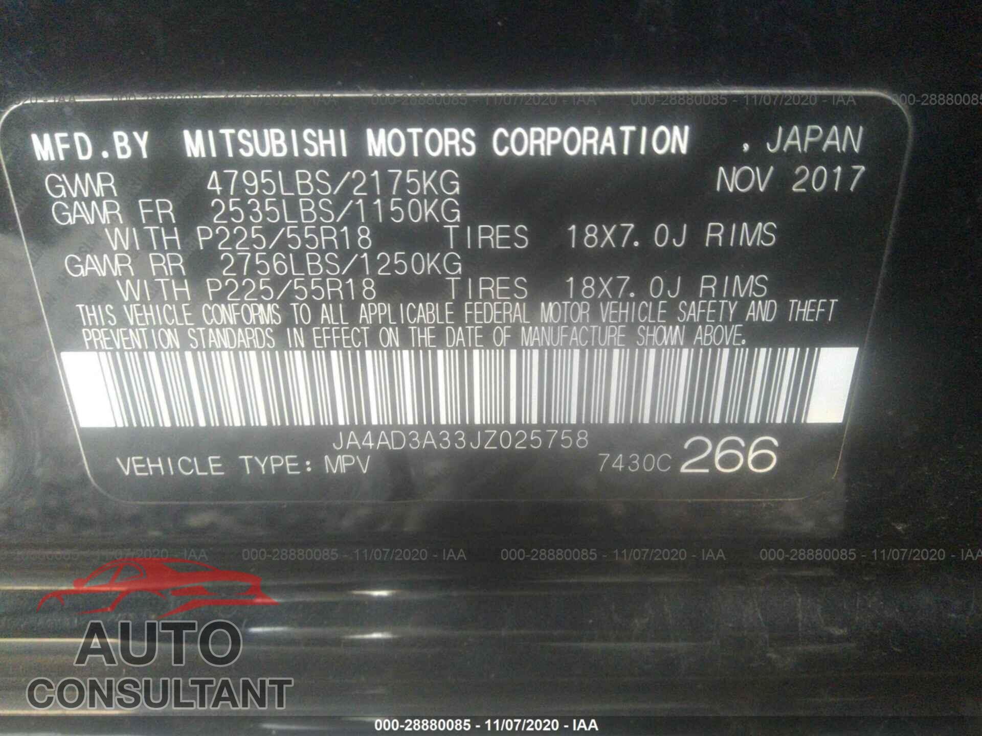 MITSUBISHI OUTLANDER 2018 - JA4AD3A33JZ025758