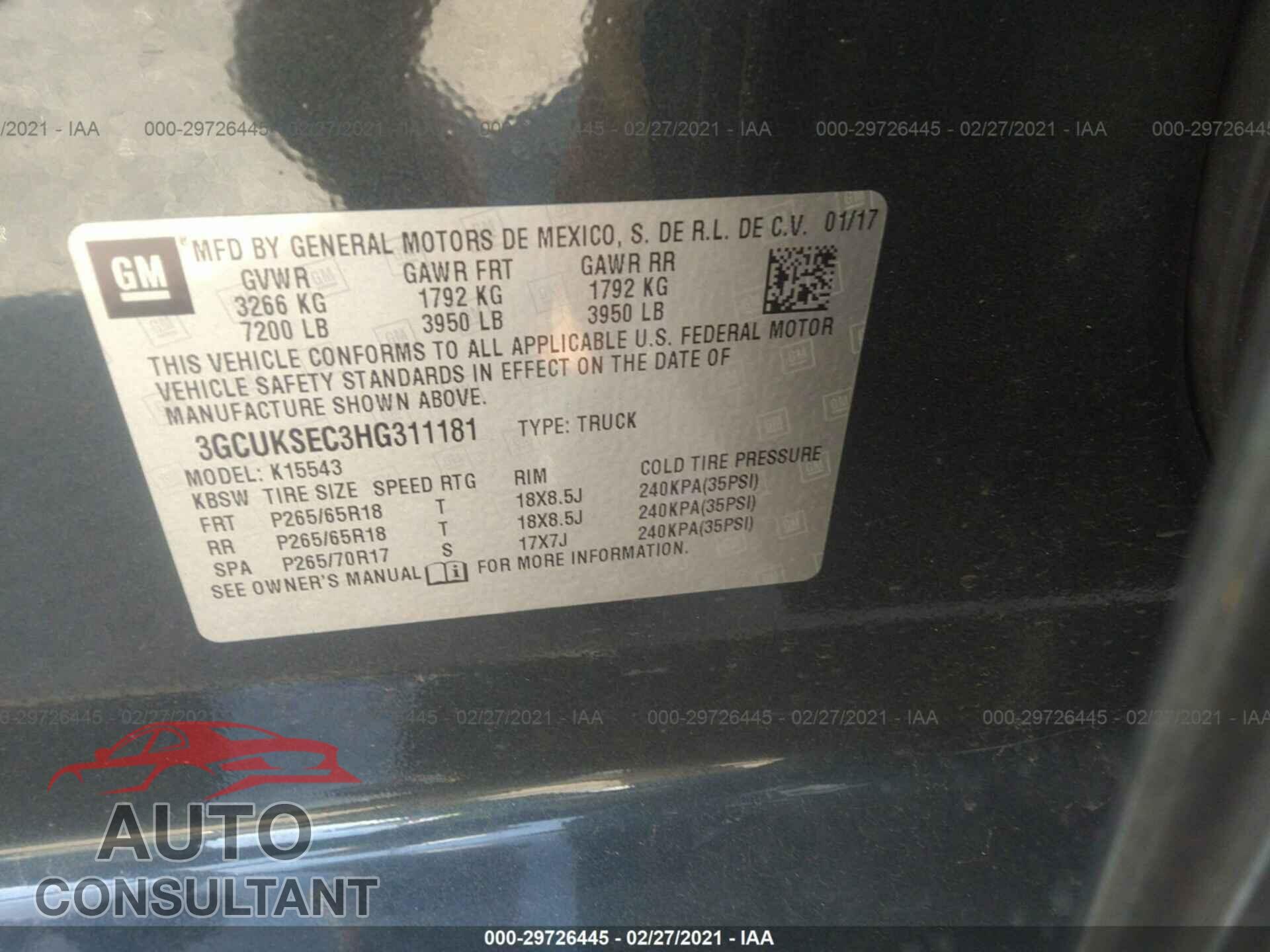 CHEVROLET SILVERADO 1500 2017 - 3GCUKSEC3HG311181