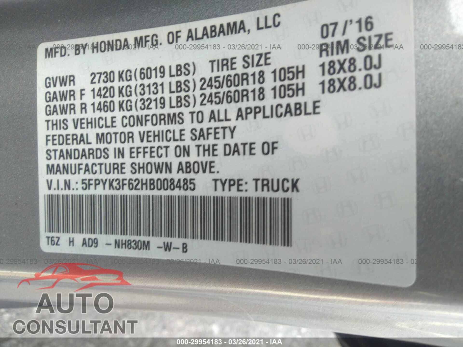 HONDA RIDGELINE 2017 - 5FPYK3F62HB008485