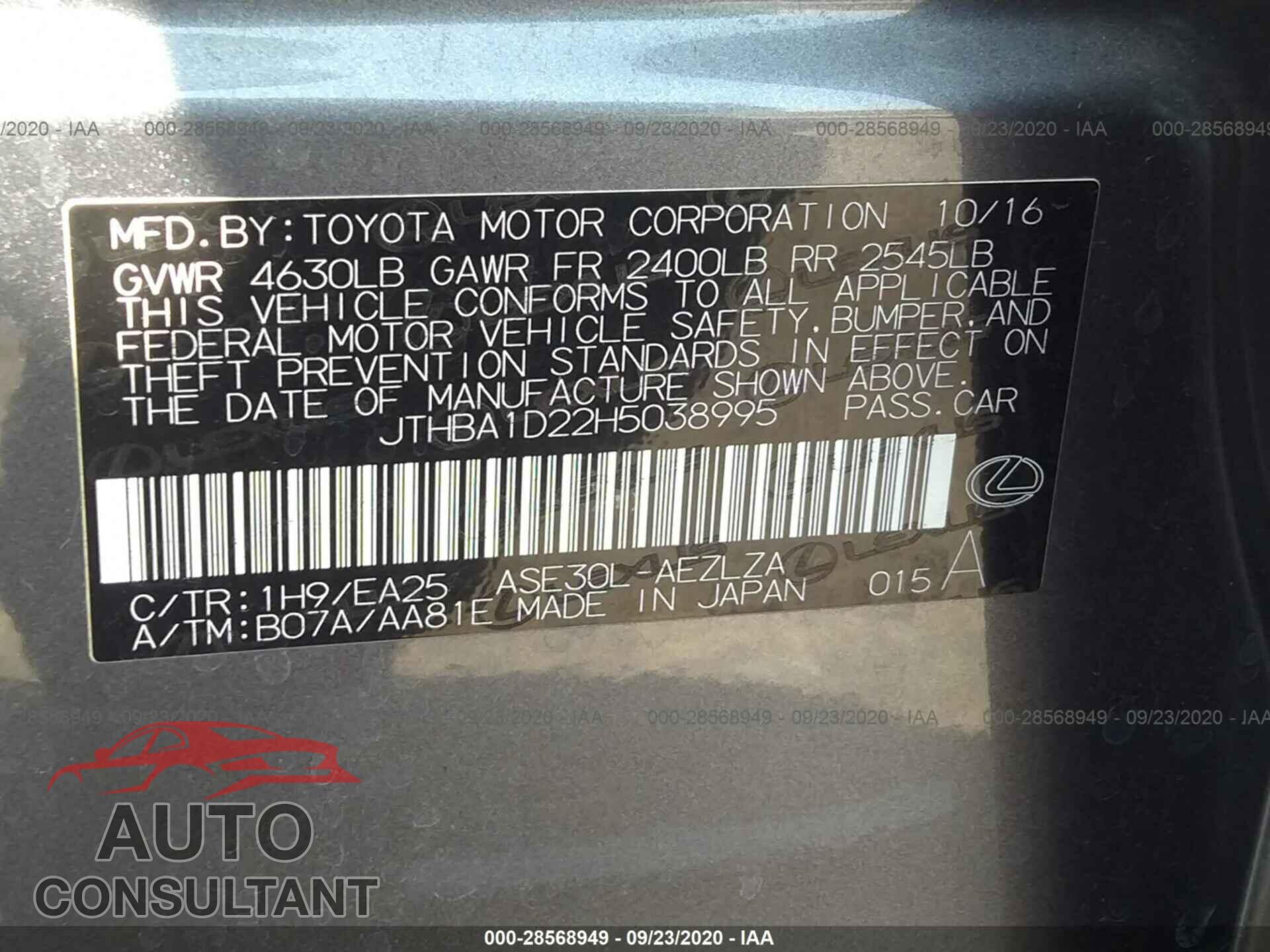 LEXUS IS 2017 - JTHBA1D22H5038995