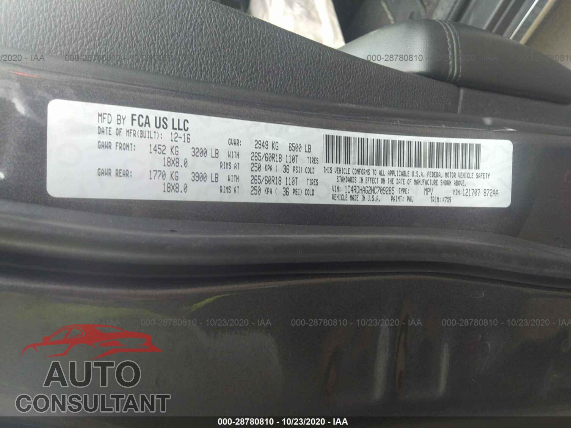 DODGE DURANGO 2017 - 1C4RDHAG2HC709285