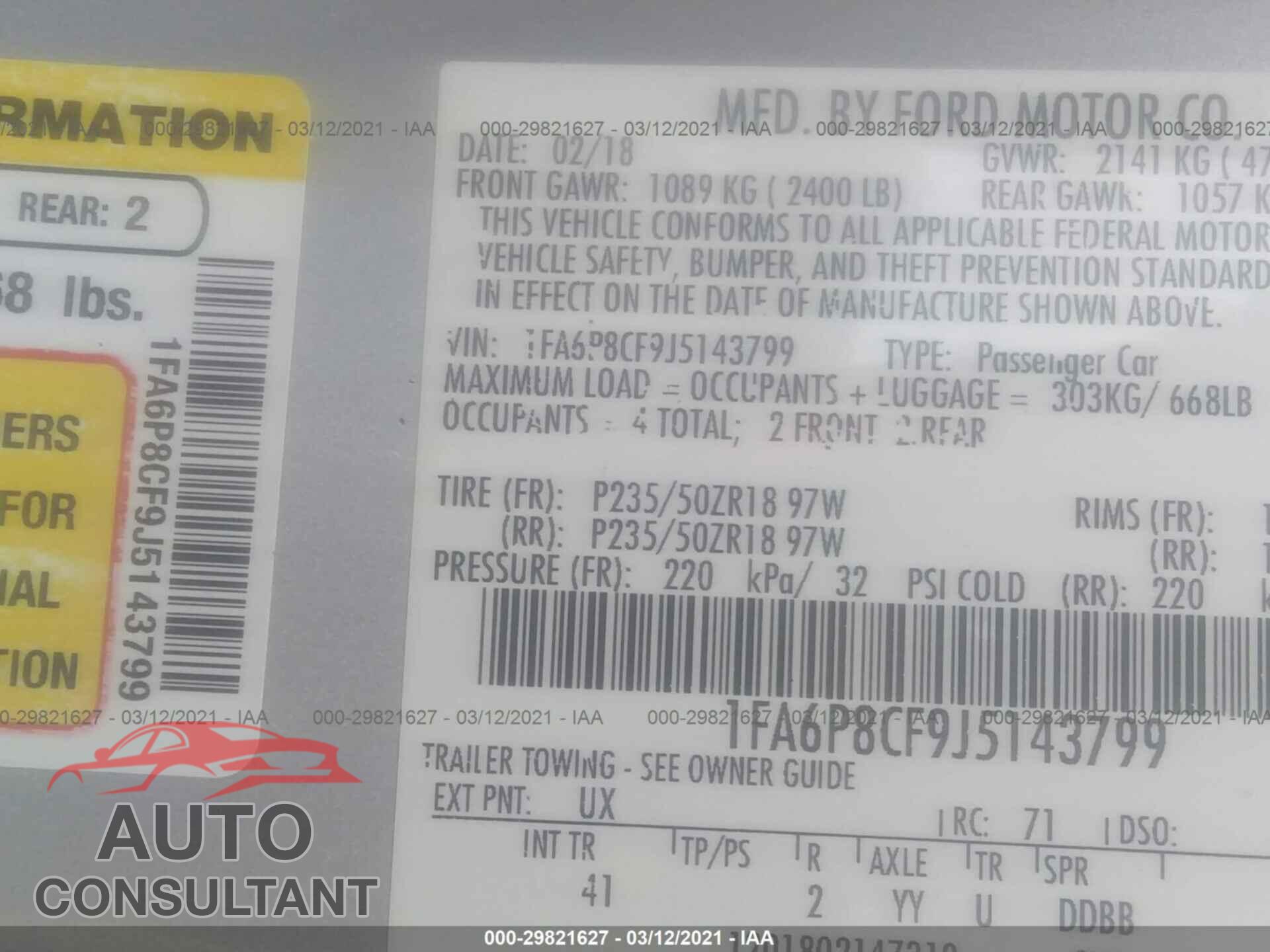 FORD MUSTANG 2018 - 1FA6P8CF9J5143799