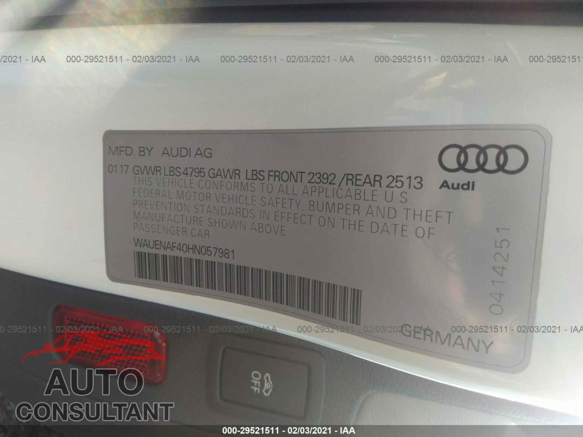 AUDI A4 2017 - WAUENAF40HN057981