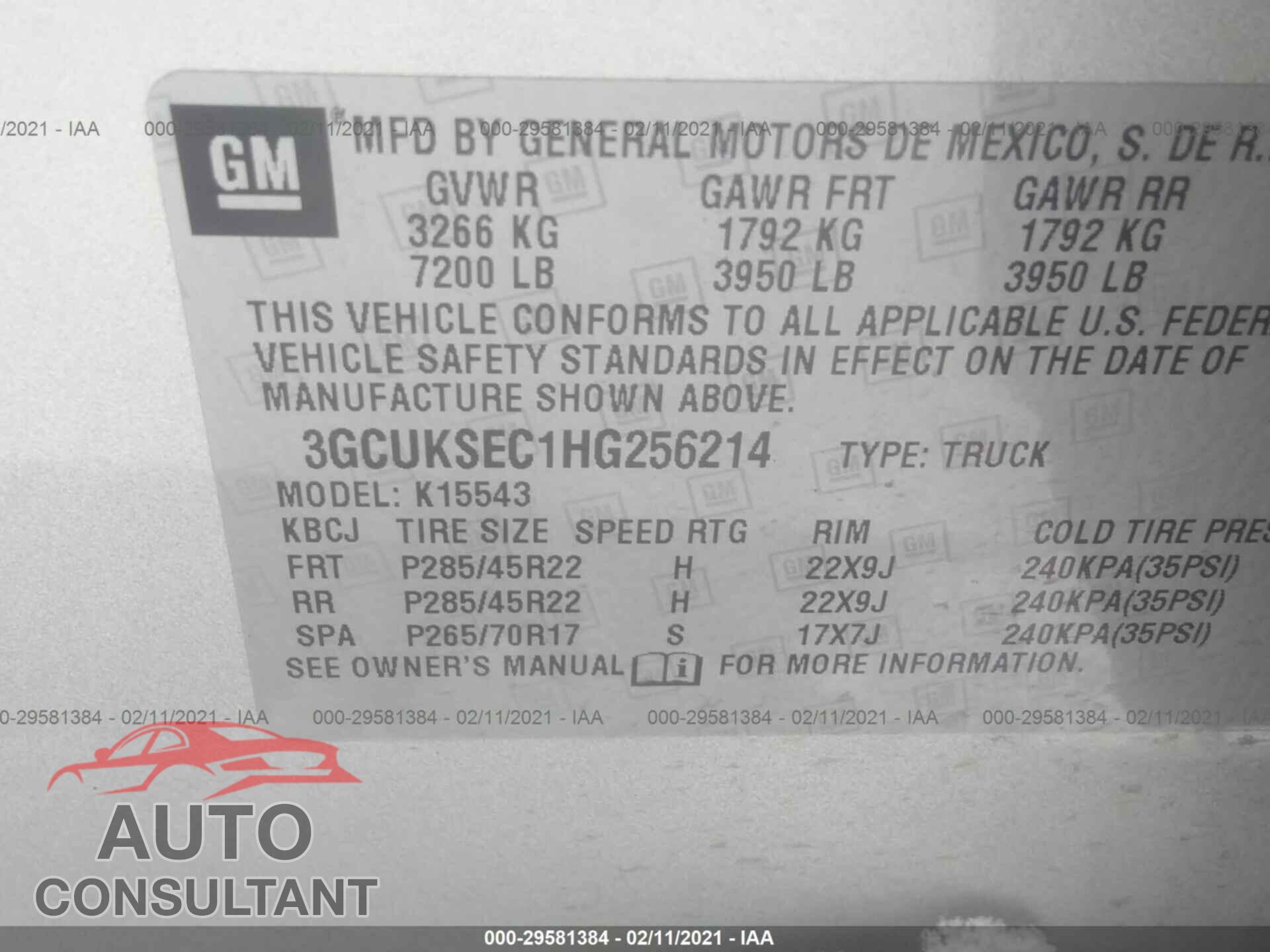 CHEVROLET SILVERADO 1500 2017 - 3GCUKSEC1HG256214