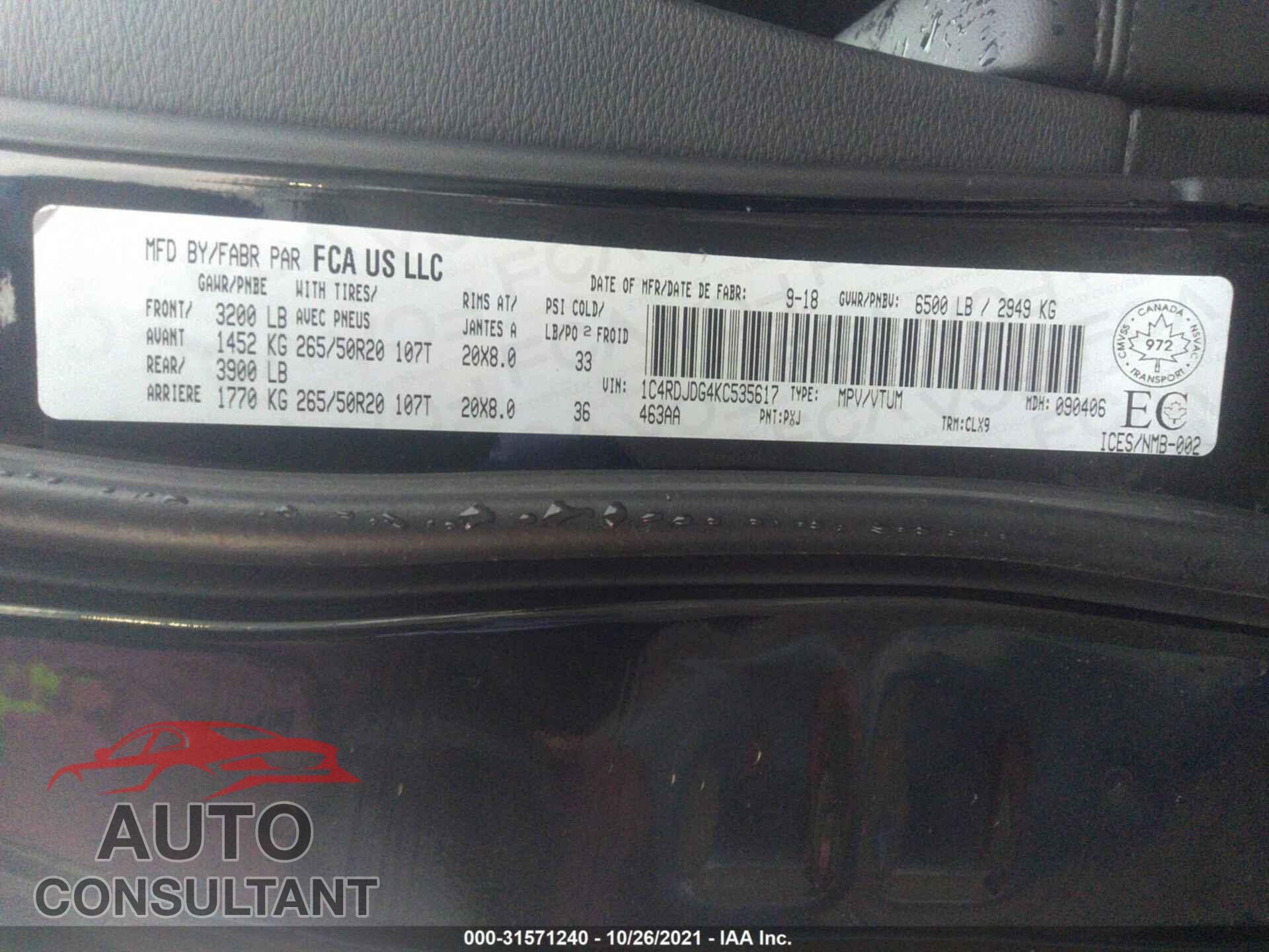 DODGE DURANGO 2019 - 1C4RDJDG4KC535617