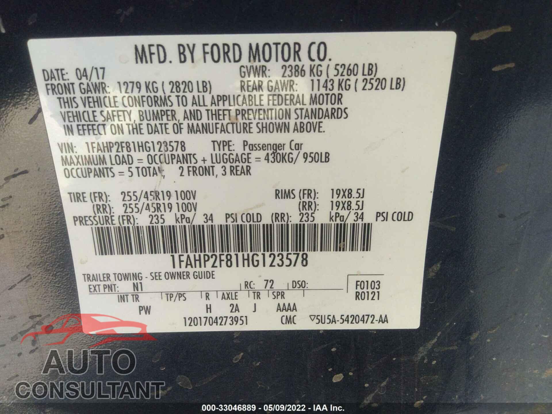 FORD TAURUS 2017 - 1FAHP2F81HG123578