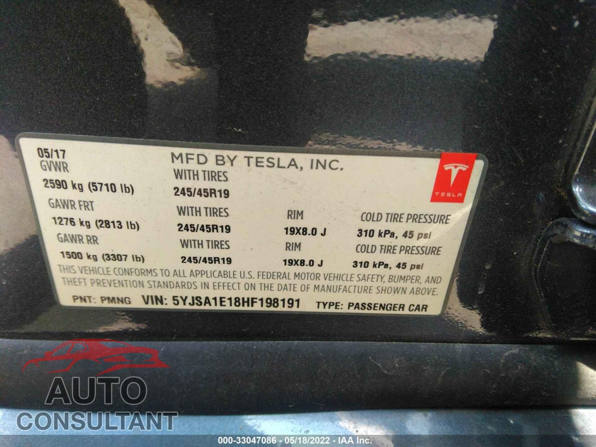 TESLA MODEL S 2017 - 5YJSA1E18HF198191