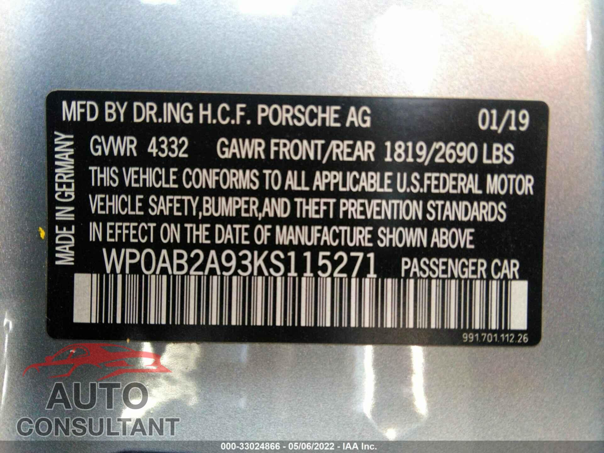 PORSCHE 911 2019 - WP0AB2A93KS115271