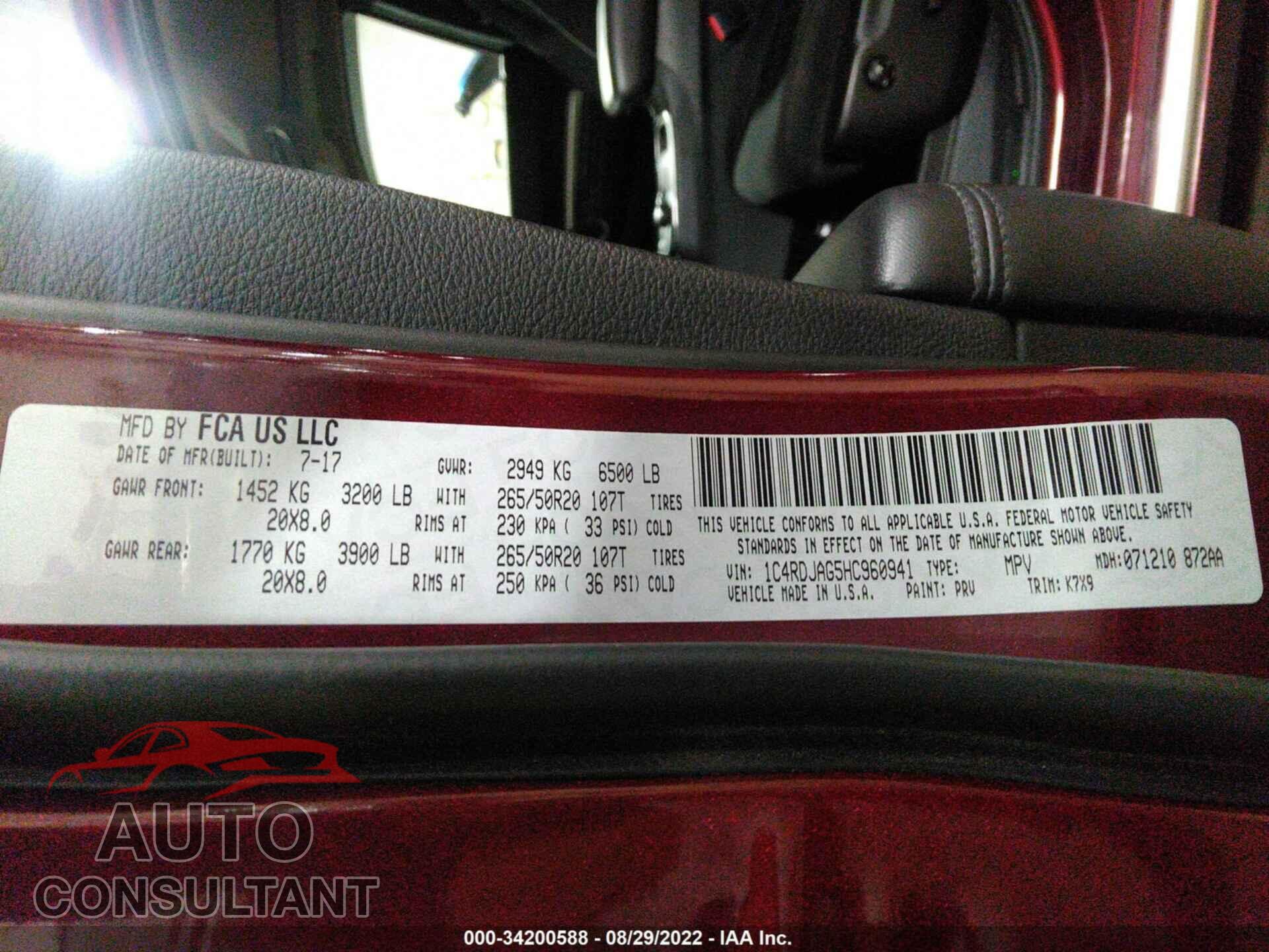 DODGE DURANGO 2017 - 1C4RDJAG5HC960941