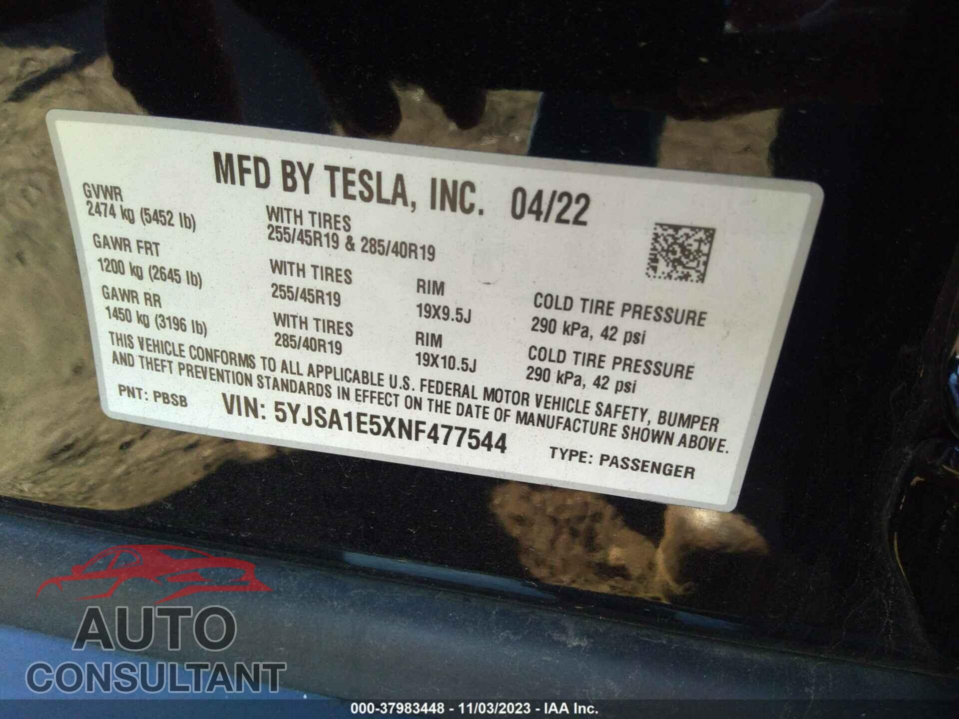 TESLA MODEL S 2022 - 5YJSA1E5XNF477544