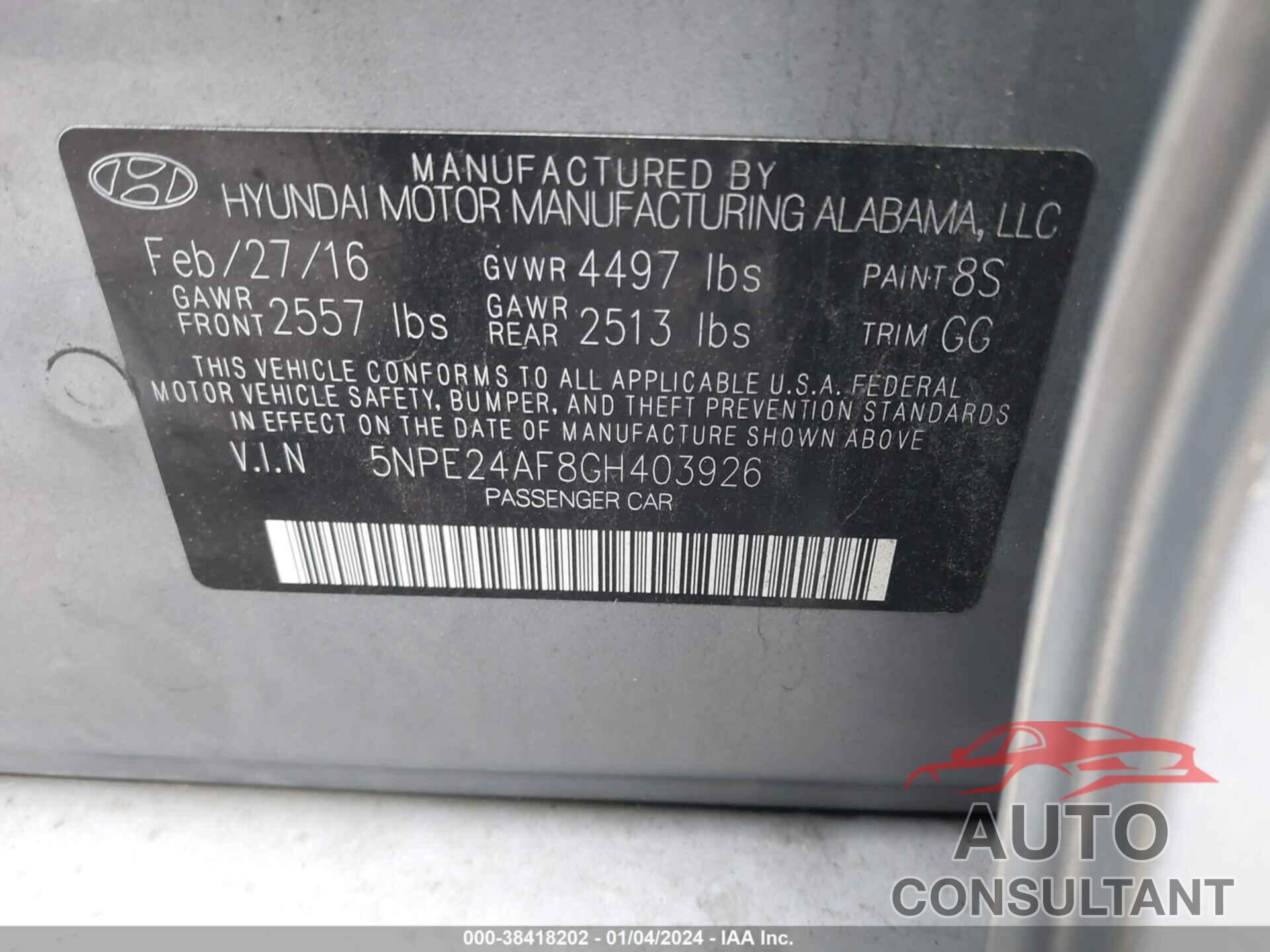 HYUNDAI SONATA 2016 - 5NPE24AF8GH403926