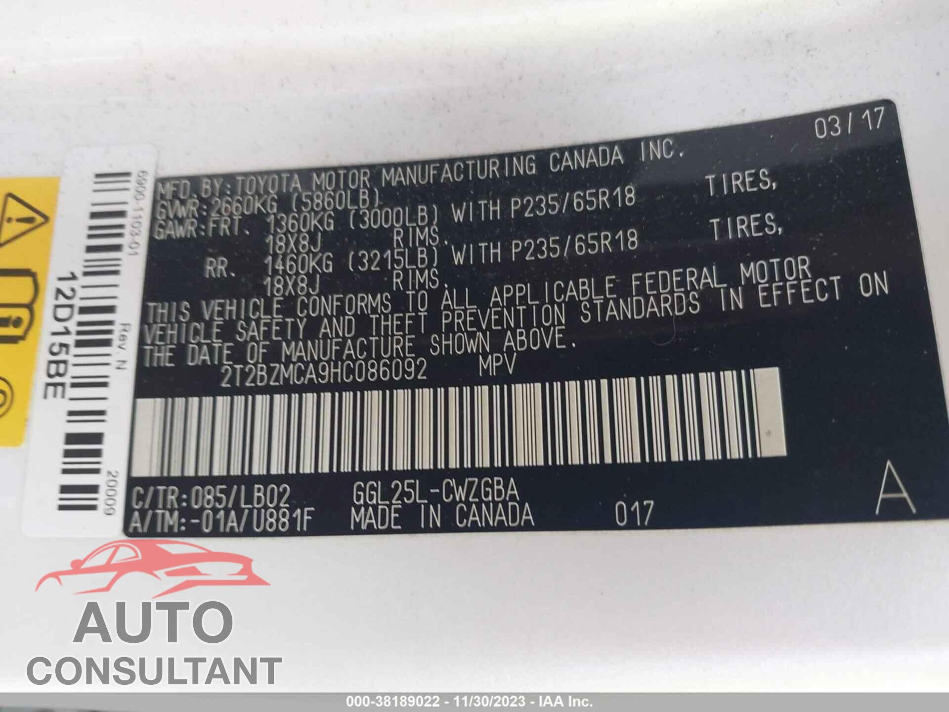 LEXUS RX 2017 - 2T2BZMCA9HC086092