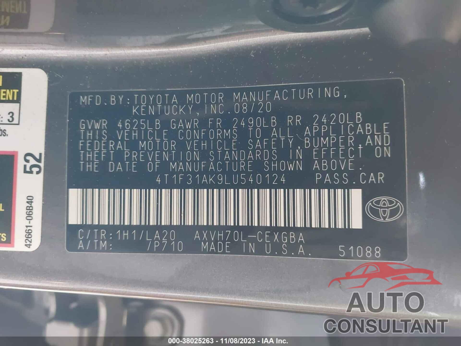 TOYOTA CAMRY 2020 - 4T1F31AK9LU540124