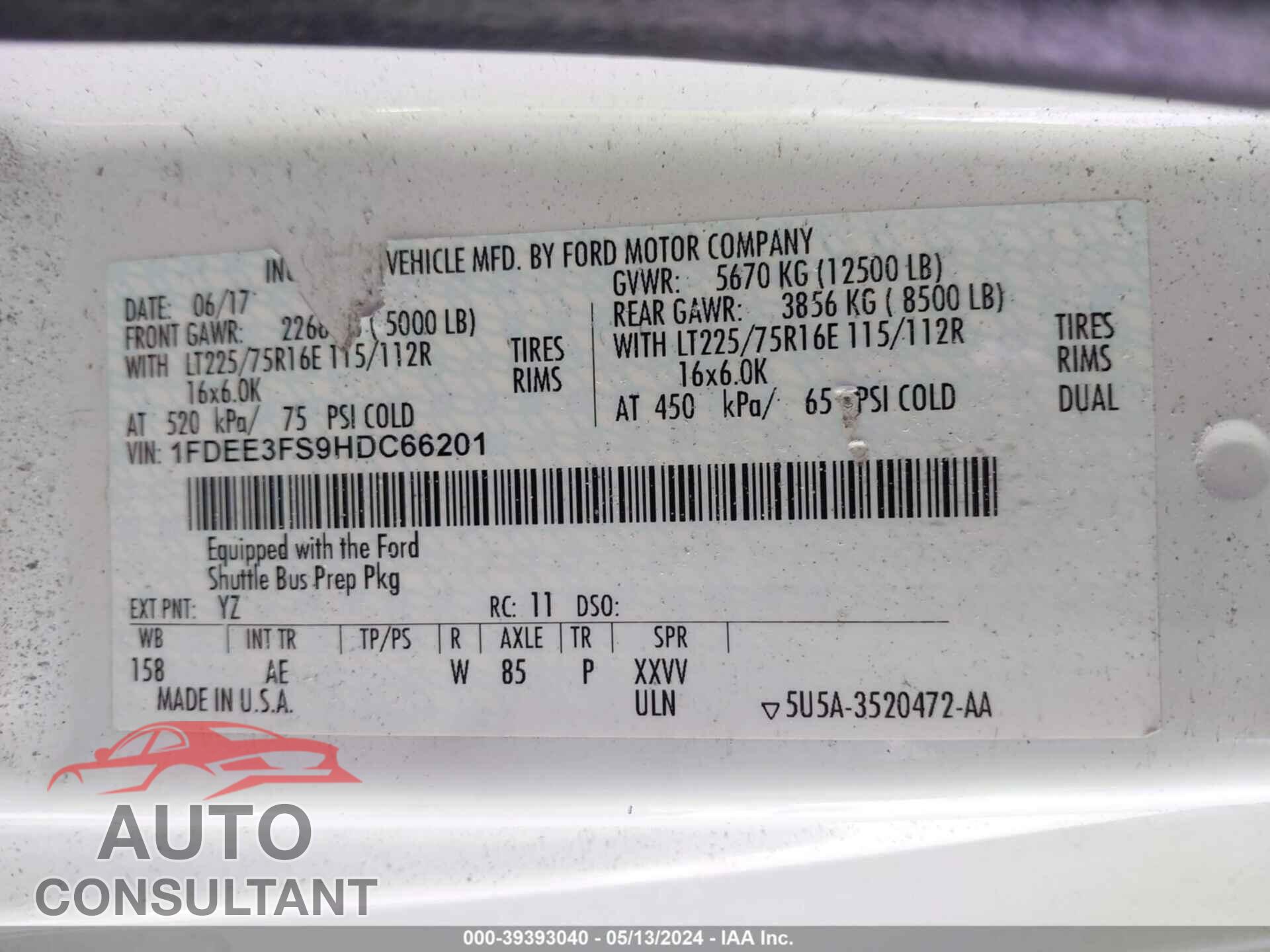 FORD E-350 CUTAWAY 2017 - 1FDEE3FS9HDC66201