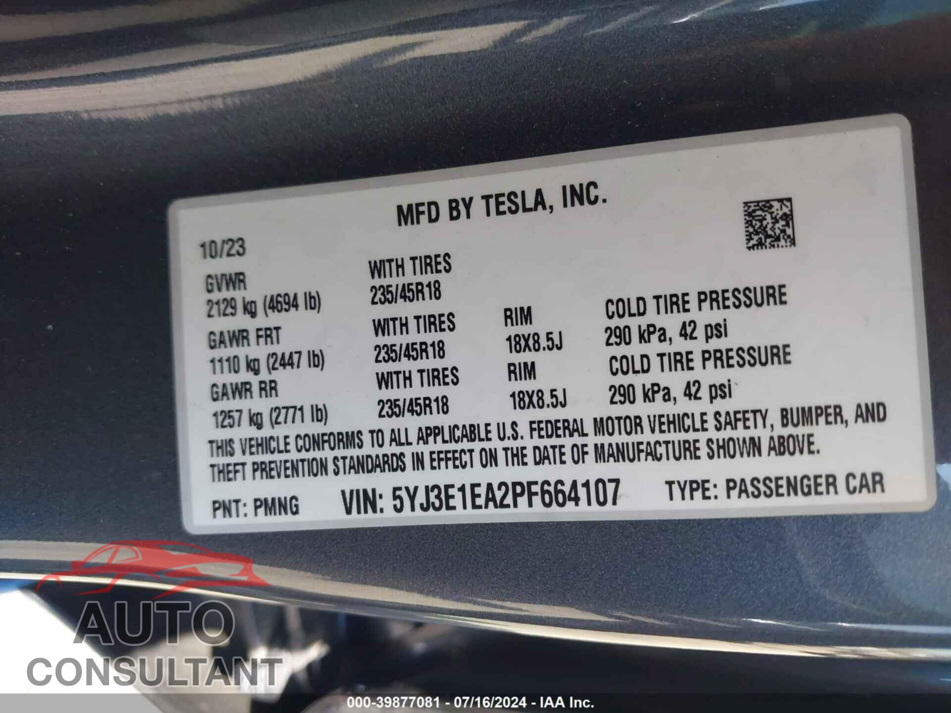 TESLA MODEL 3 2023 - 5YJ3E1EA2PF664107