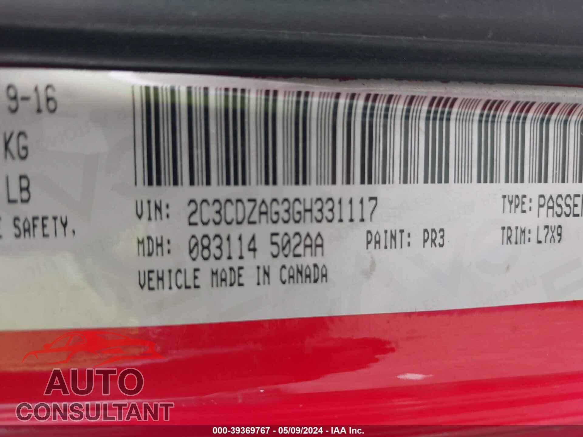DODGE CHALLENGER 2016 - 2C3CDZAG3GH331117