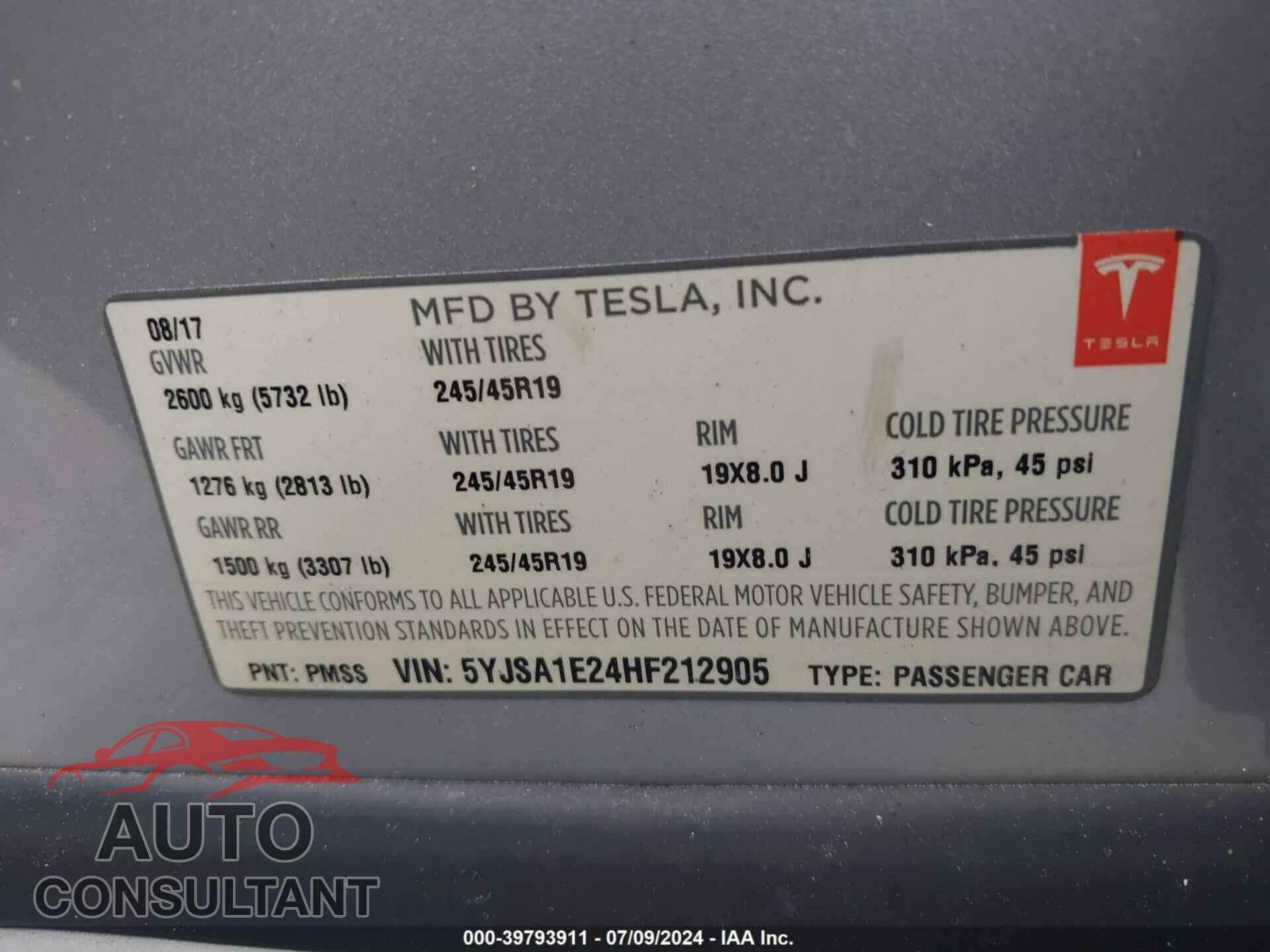 TESLA MODEL S 2017 - 5YJSA1E24HF212905