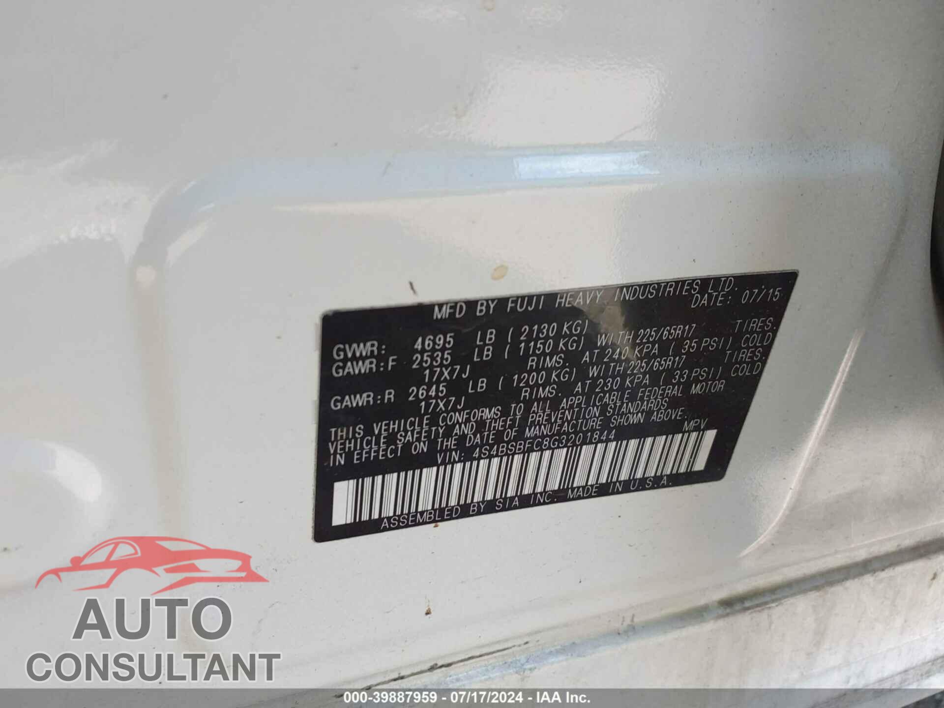 SUBARU OUTBACK 2016 - 4S4BSBFC8G3201844