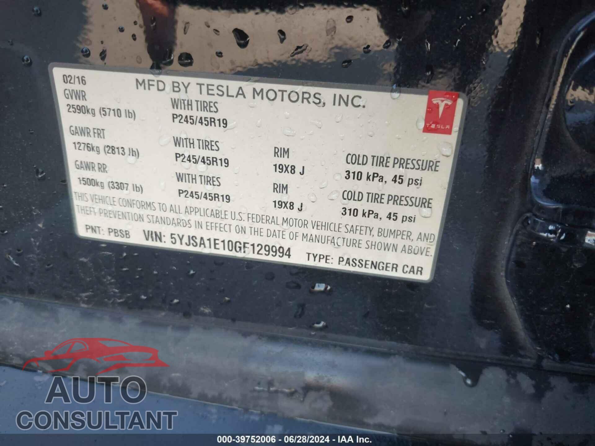TESLA MODEL S 2016 - 5YJSA1E10GF129994