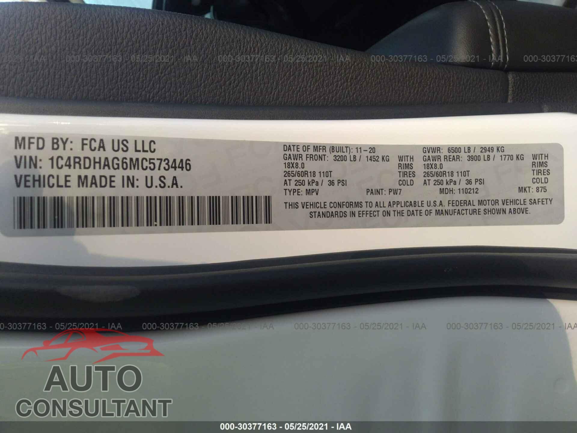 DODGE DURANGO 2021 - 1C4RDHAG6MC573446