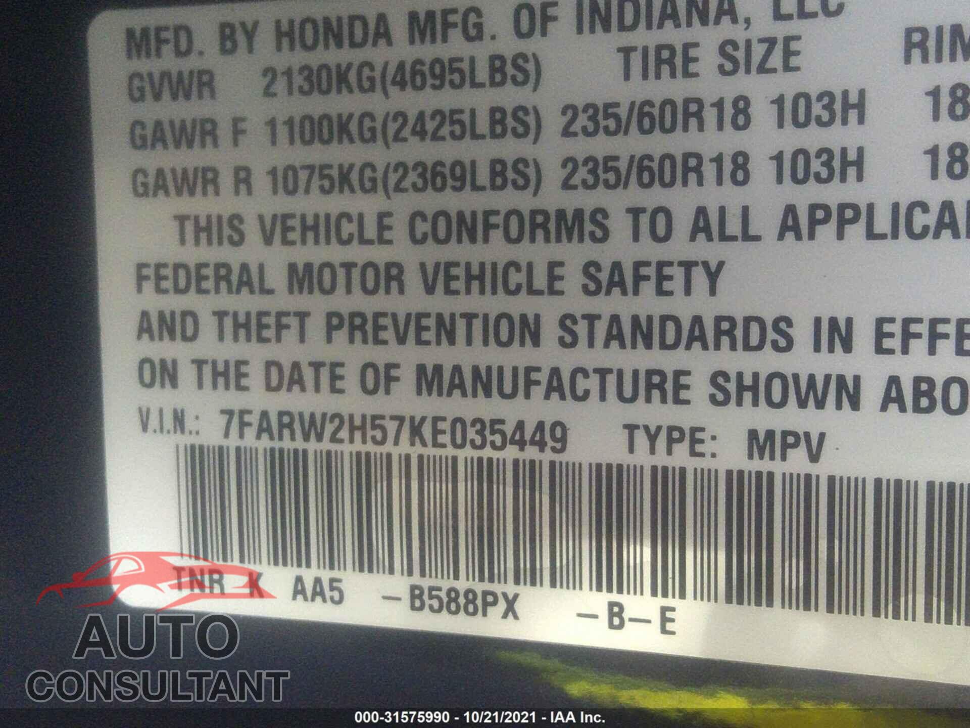 HONDA CR-V 2019 - 7FARW2H57KE035449