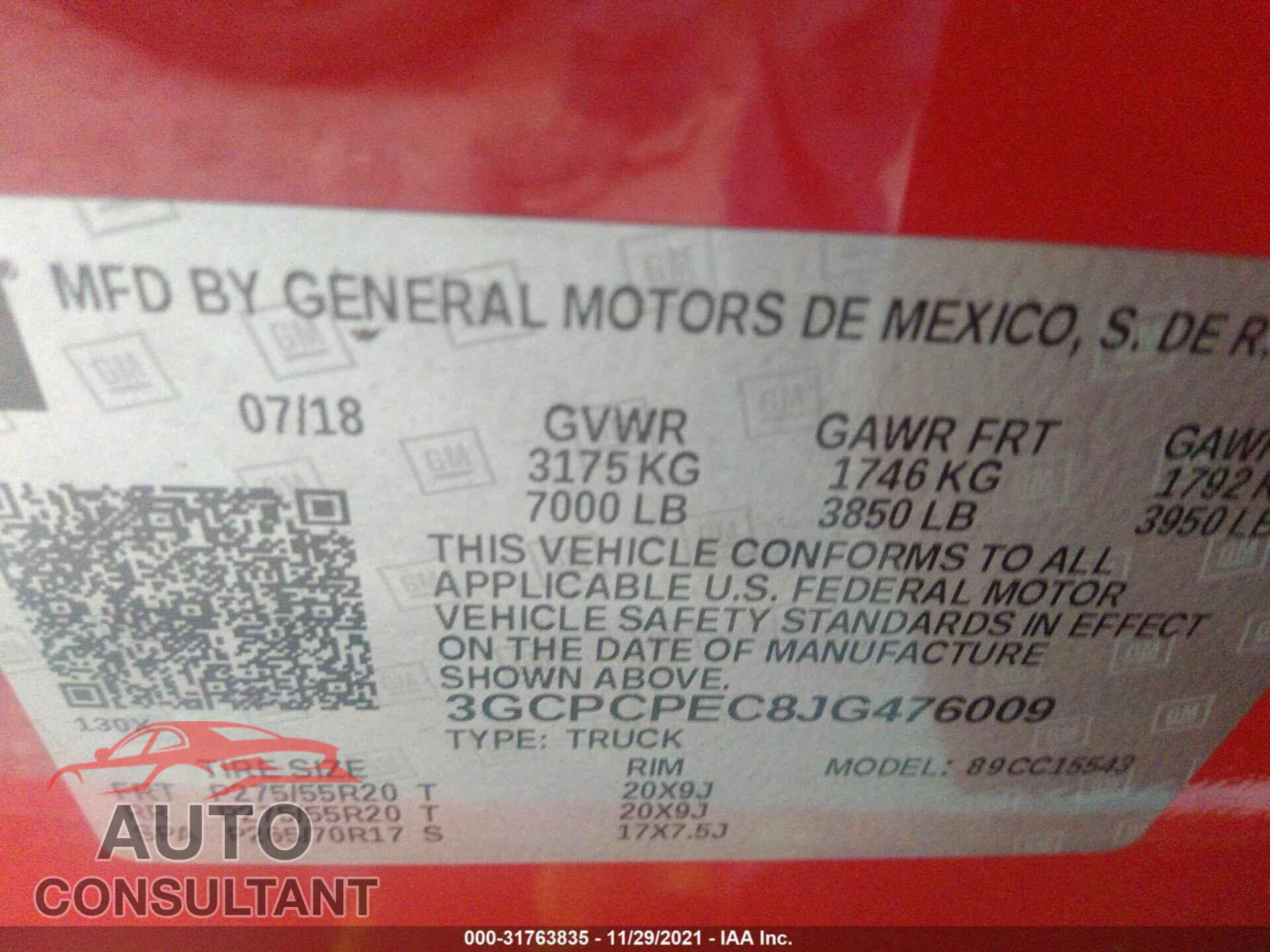 CHEVROLET SILVERADO 1500 2018 - 3GCPCPEC8JG476009