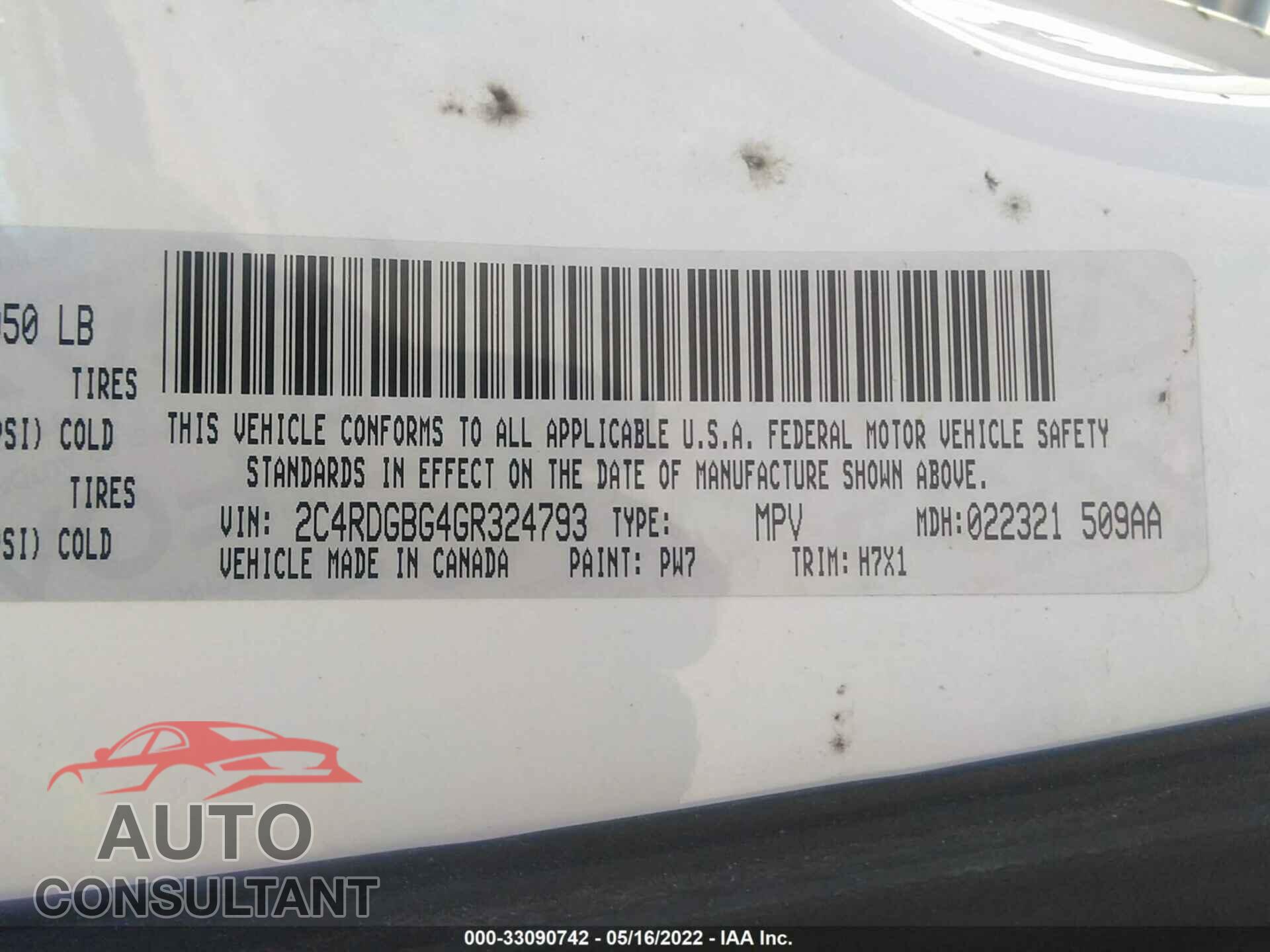 DODGE GRAND CARAVAN 2016 - 2C4RDGBG4GR324793
