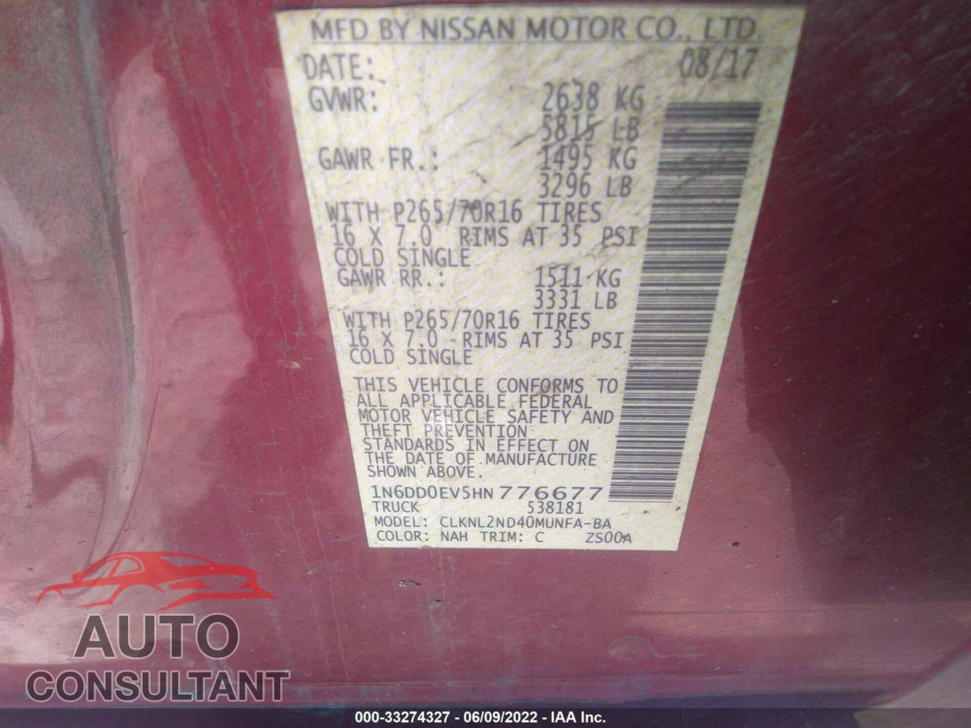 NISSAN FRONTIER 2017 - 1N6DD0EV5HN776677