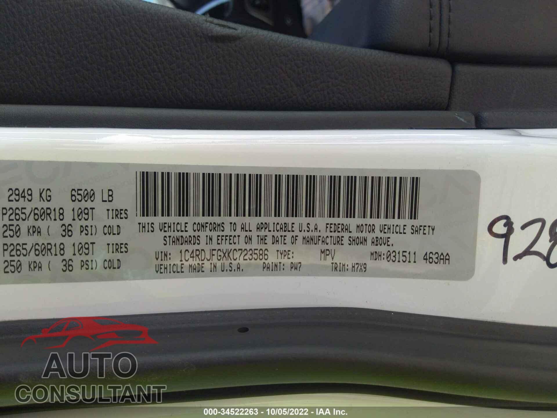 DODGE DURANGO 2019 - 1C4RDJFGXKC723586