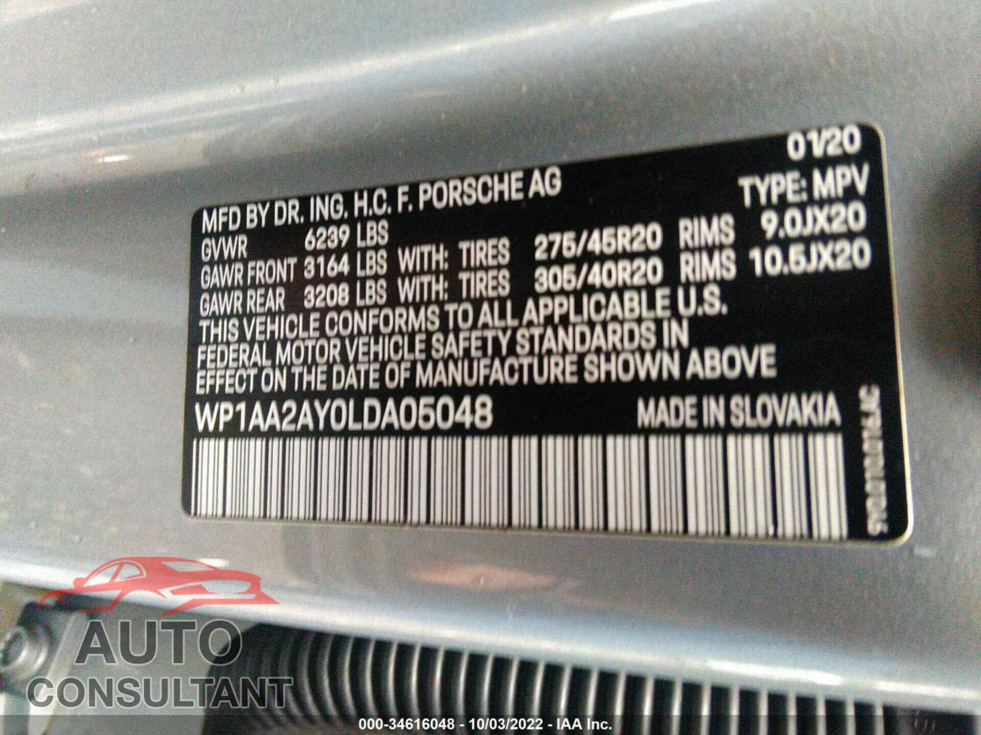 PORSCHE CAYENNE 2020 - WP1AA2AY0LDA05048