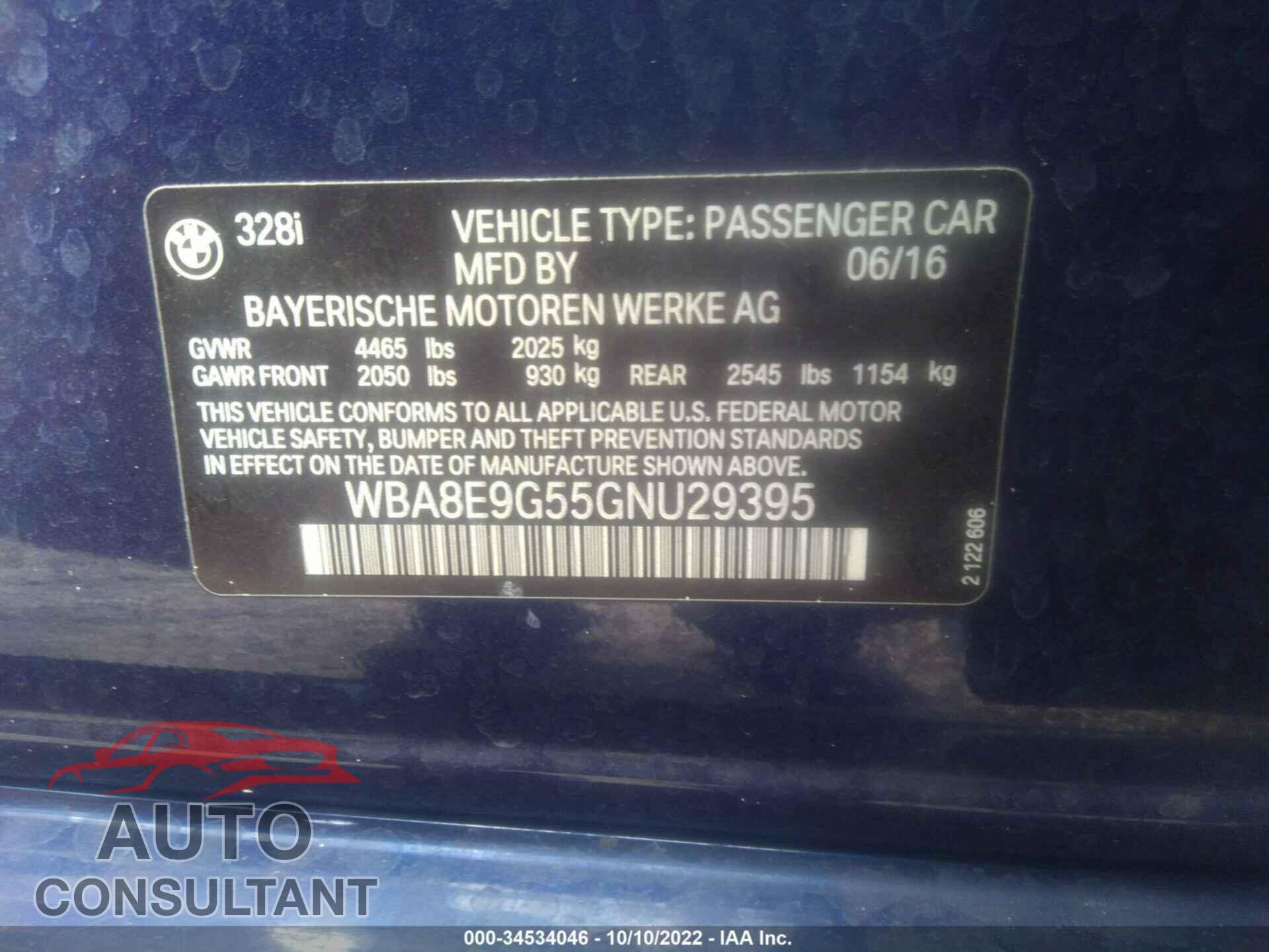 BMW 3 SERIES 2016 - WBA8E9G55GNU29395