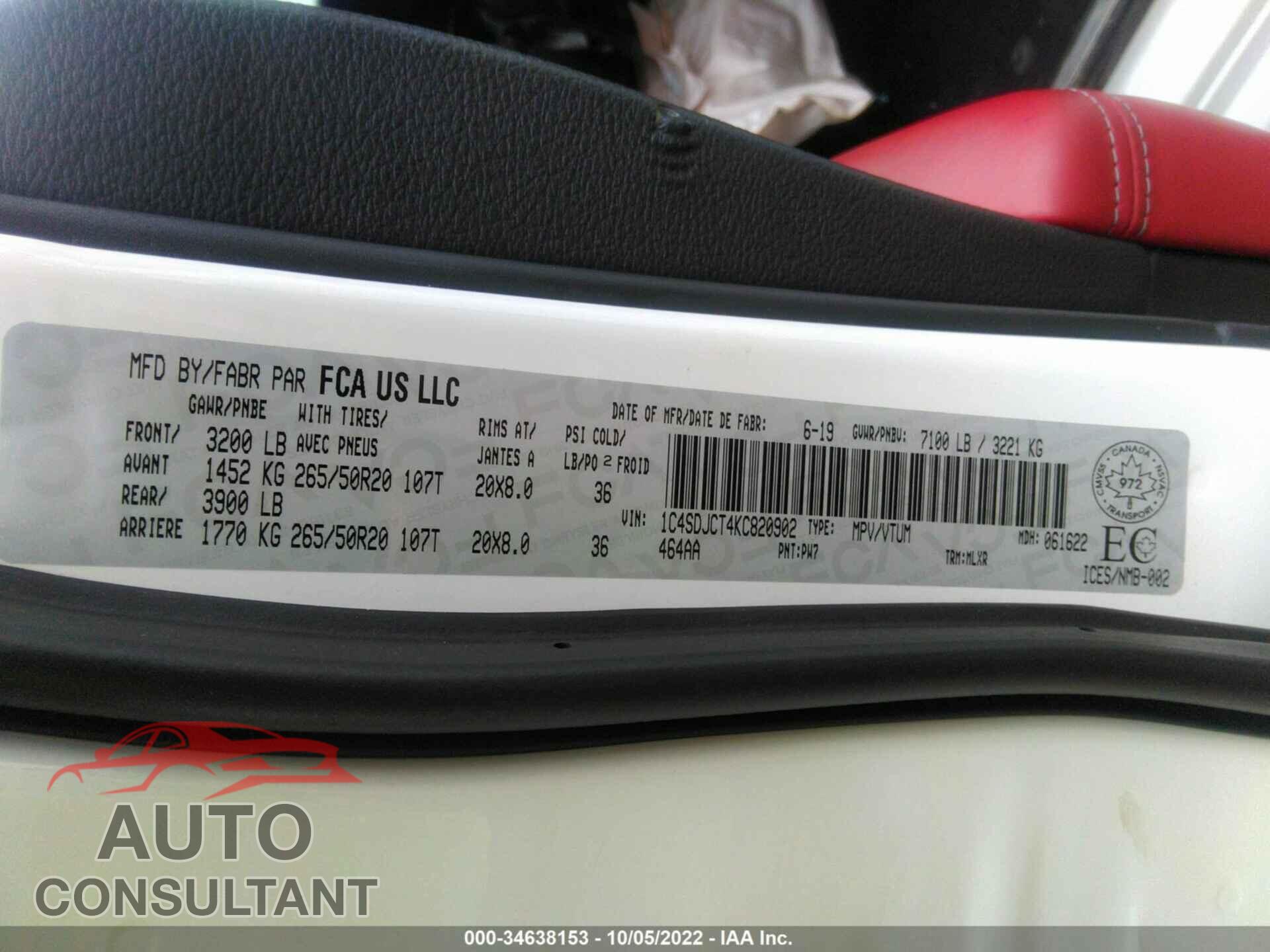 DODGE DURANGO 2019 - 1C4SDJCT4KC820902
