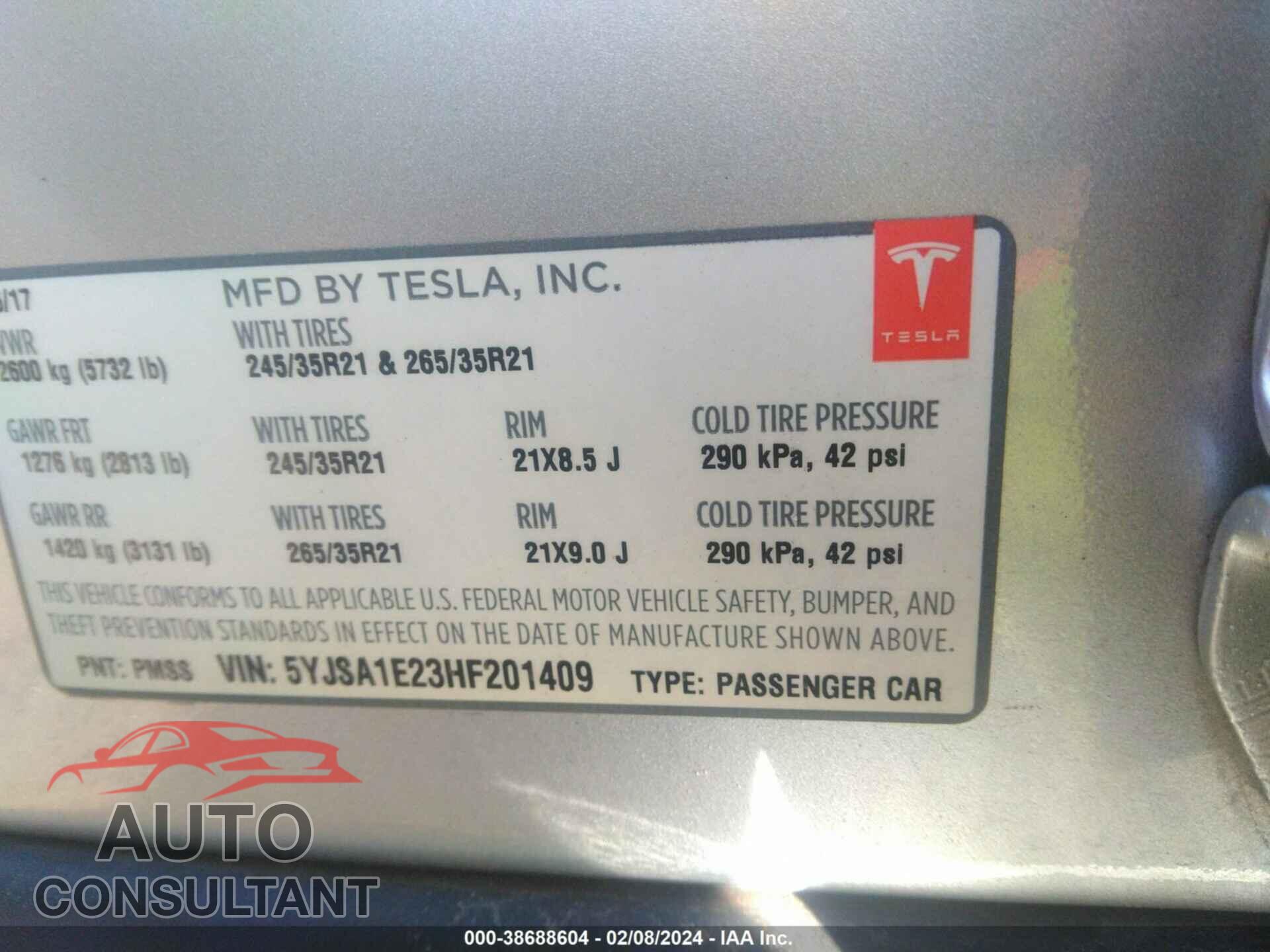 TESLA MODEL S 2017 - 5YJSA1E23HF201409