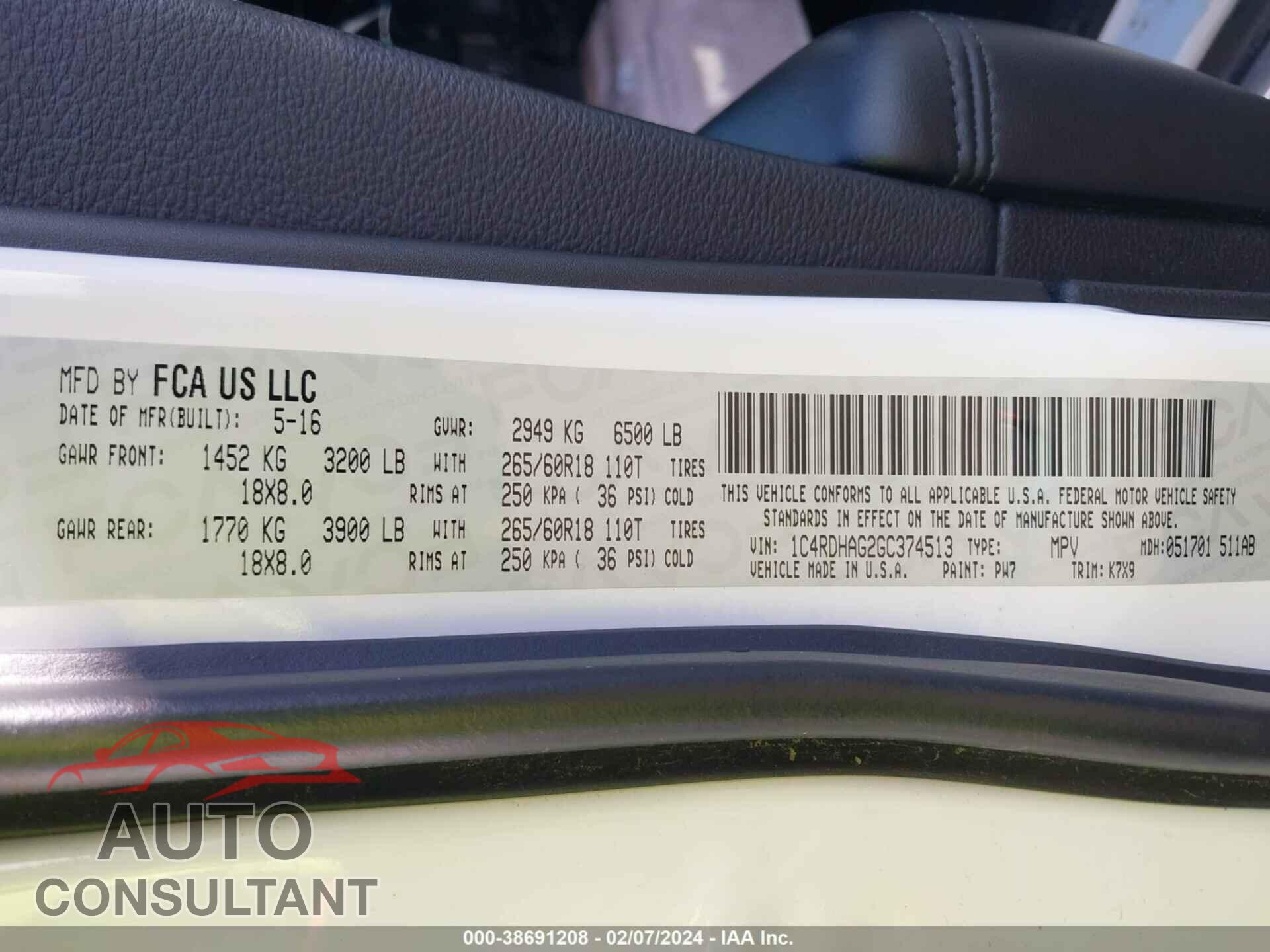 DODGE DURANGO 2016 - 1C4RDHAG2GC374513