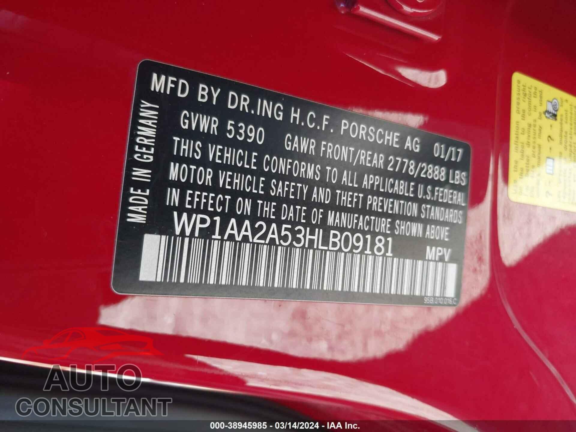 PORSCHE MACAN 2017 - WP1AA2A53HLB09181