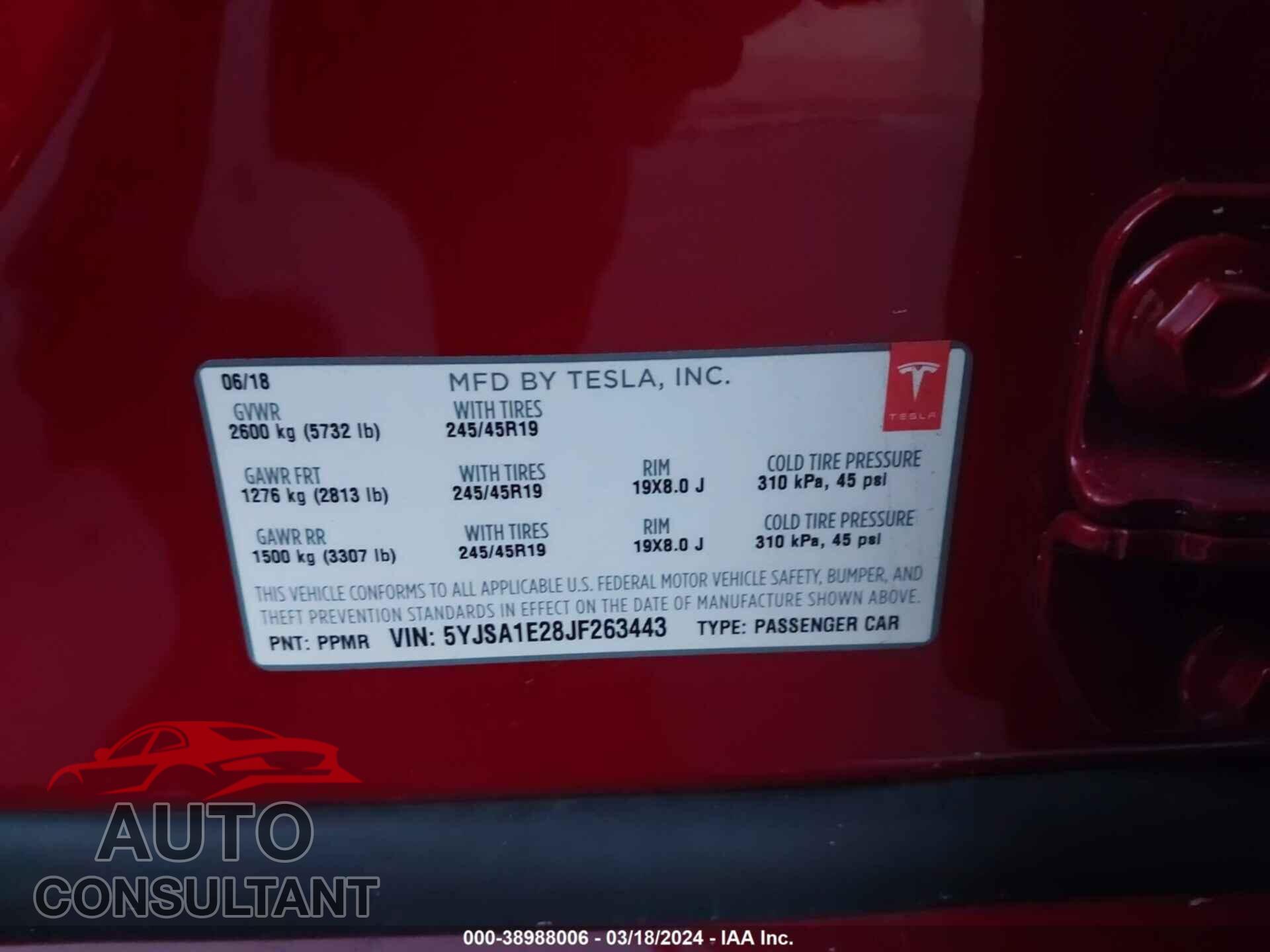 TESLA MODEL S 2018 - 5YJSA1E28JF263443