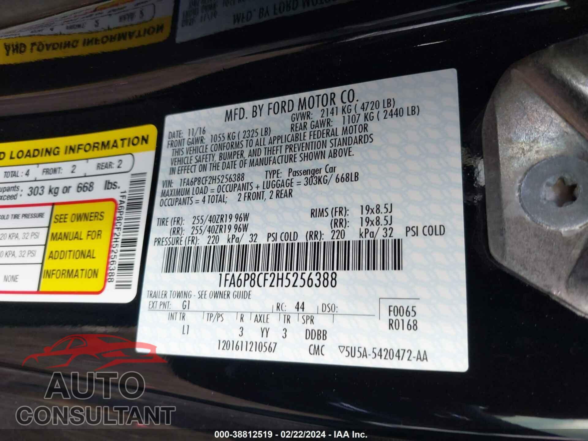 FORD MUSTANG 2017 - 1FA6P8CF2H5256388