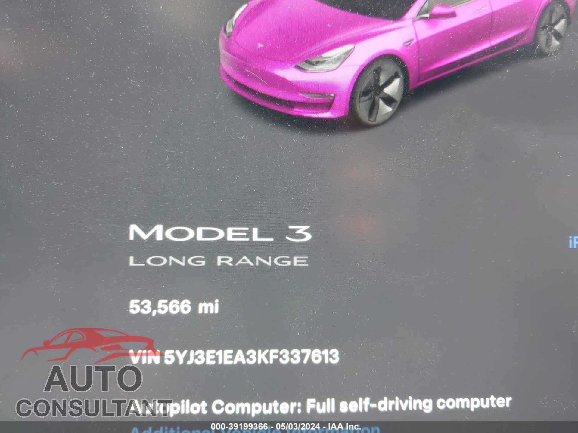 TESLA MODEL 3 2019 - 5YJ3E1EA3KF337613
