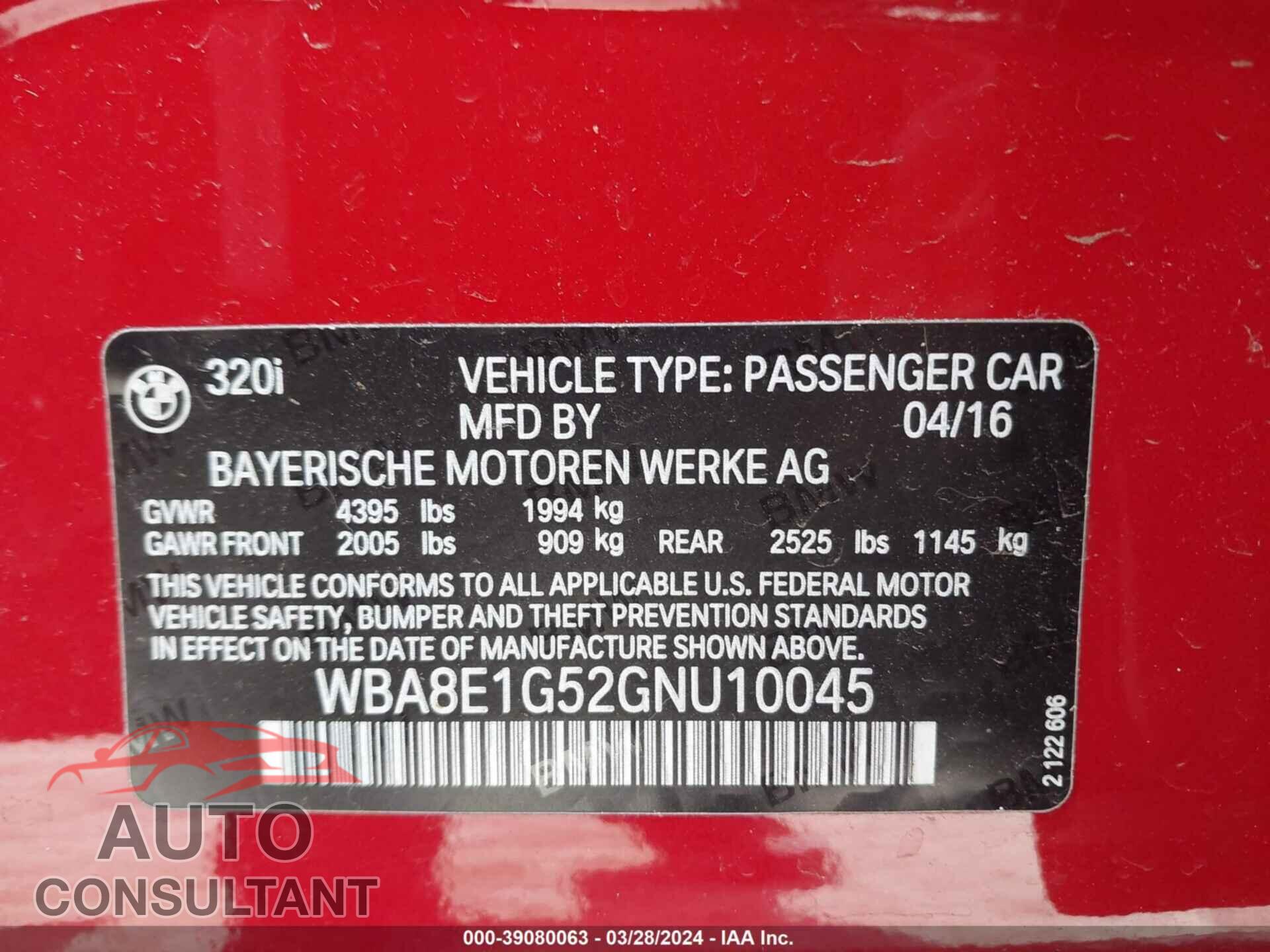 BMW 320I 2016 - WBA8E1G52GNU10045