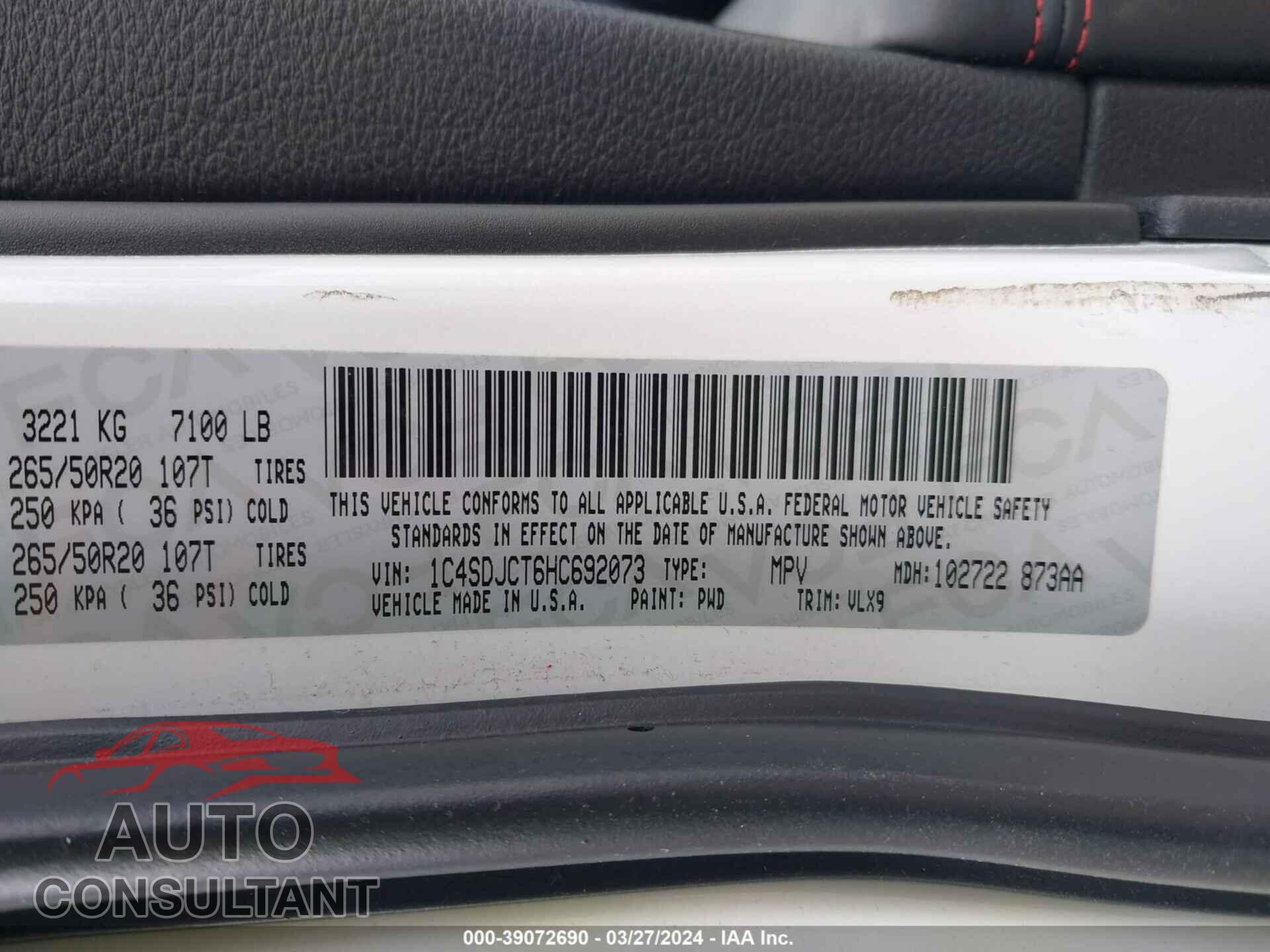DODGE DURANGO 2017 - 1C4SDJCT6HC692073