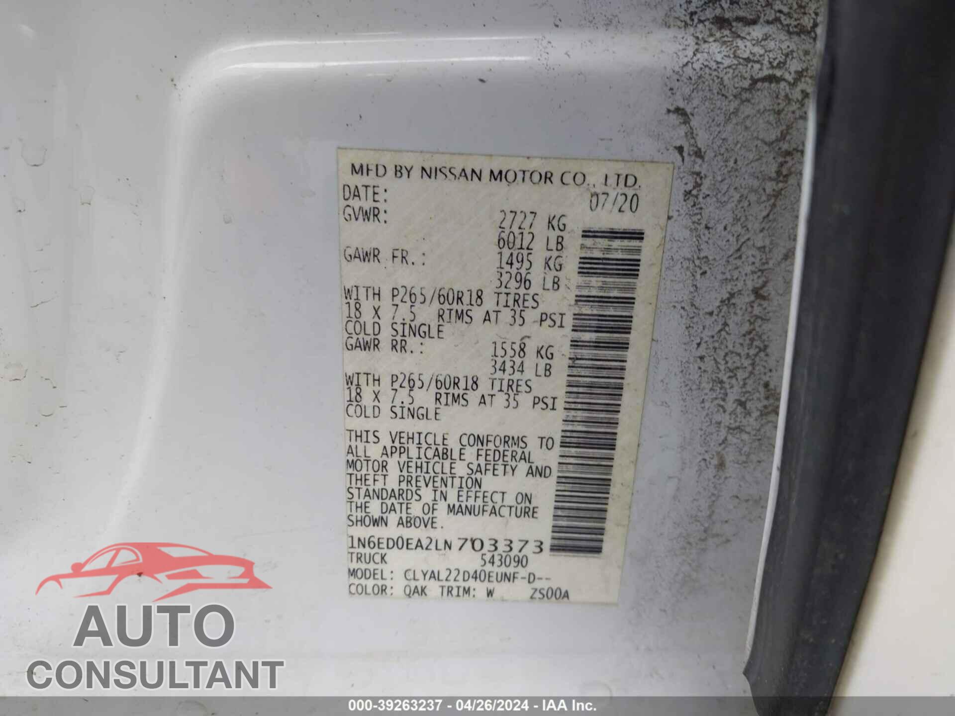 NISSAN FRONTIER 2020 - 1N6ED0EA2LN703373
