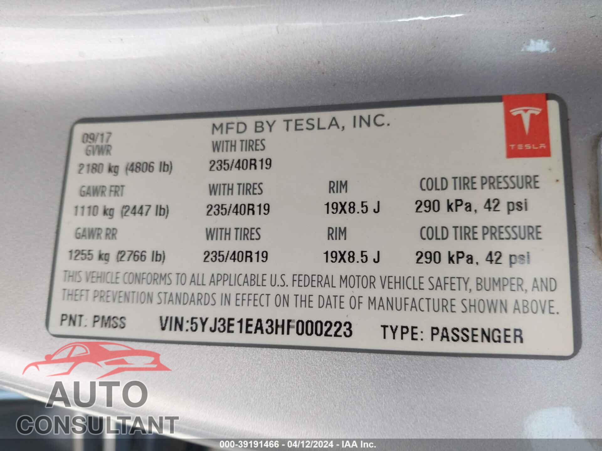 TESLA MODEL 3 2017 - 5YJ3E1EA3HF000223